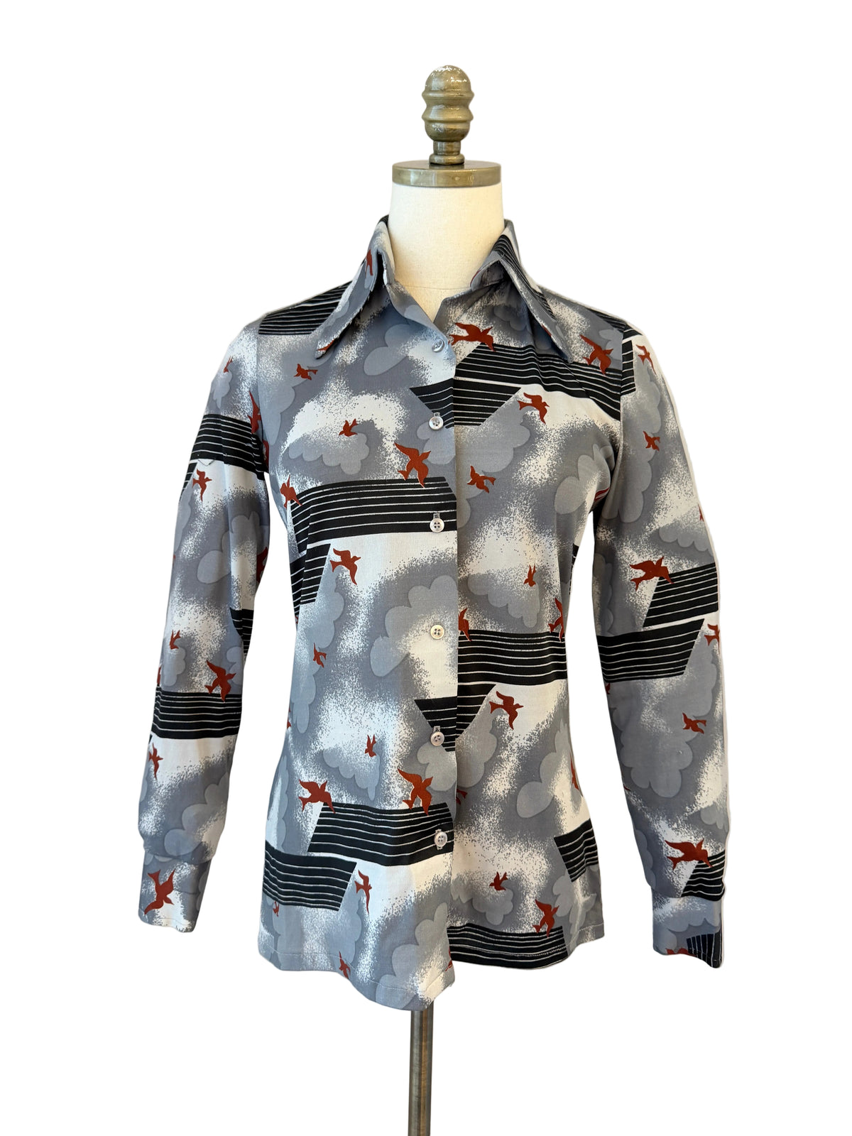 1970s Divanti Clouds & Birds Novelty Print Button-Front Blouse