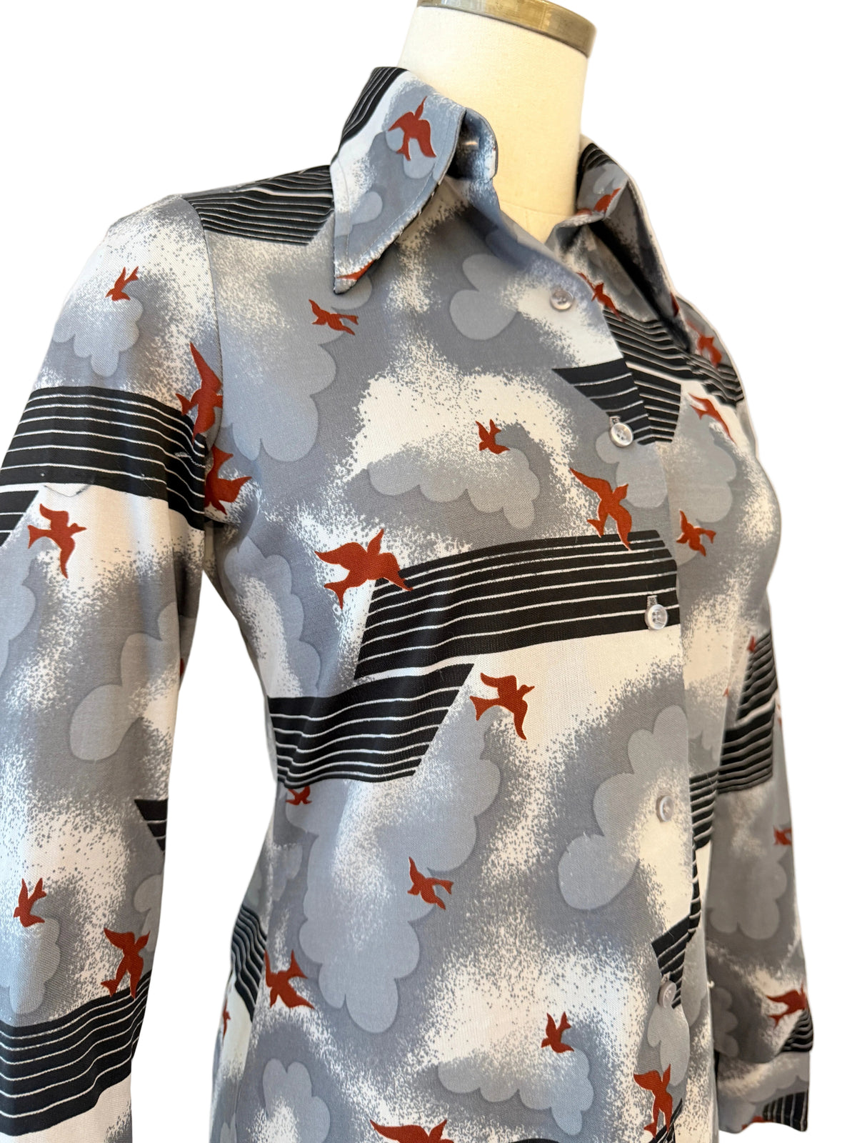 1970s Divanti Clouds & Birds Novelty Print Button-Front Blouse