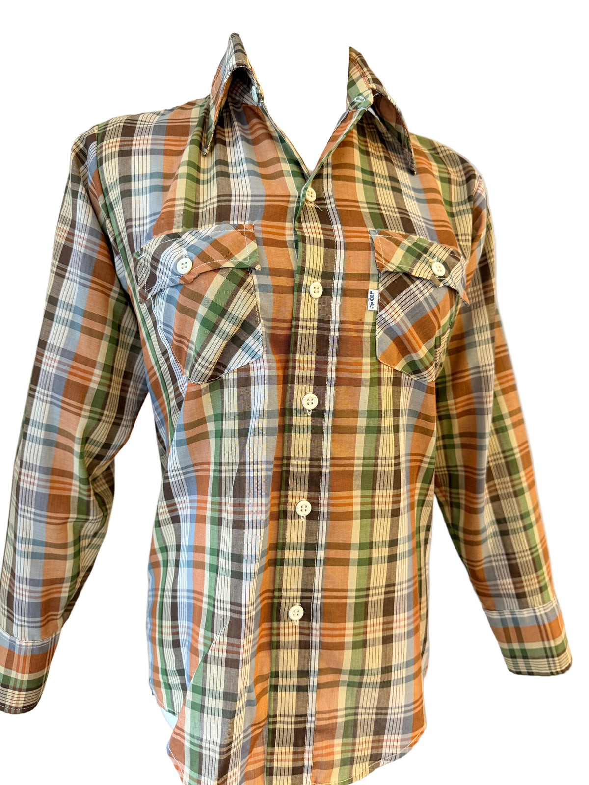 1970s Levi’s Plaid Button-Front Shirt with Dagger Collar & Front Pockets