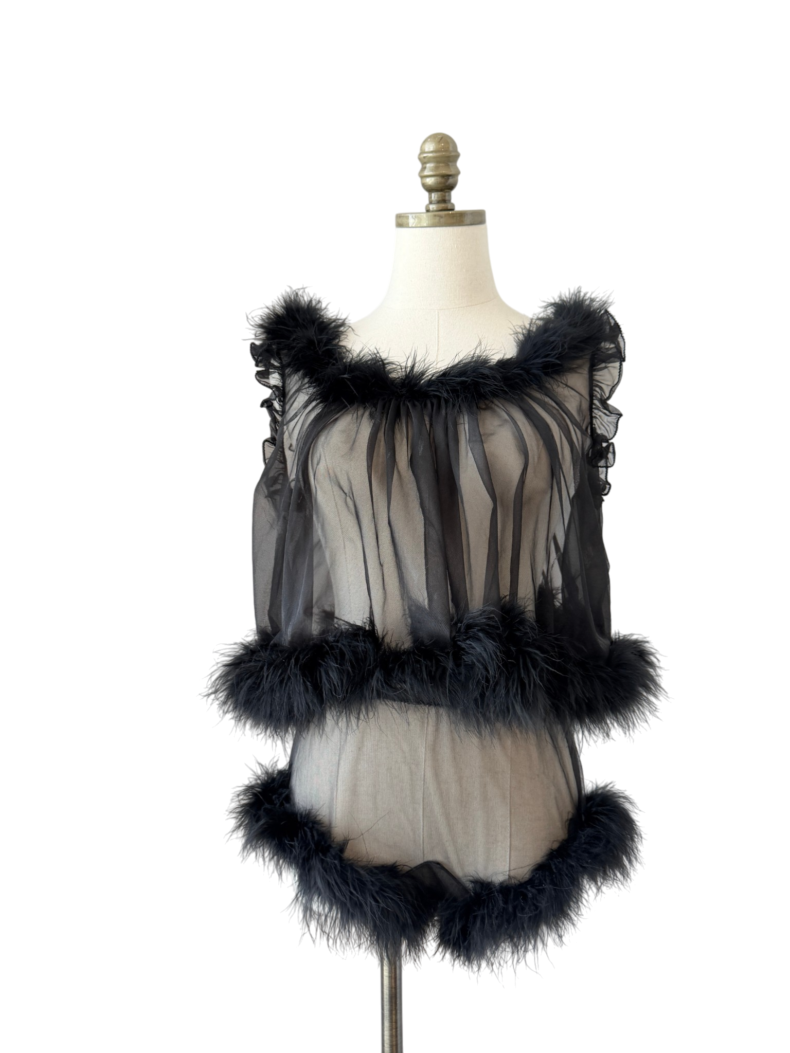 1950s Saks Fifth Avenue Sheer Black Babydoll & Panty Set with Feather Boa Trim (2-Piece)