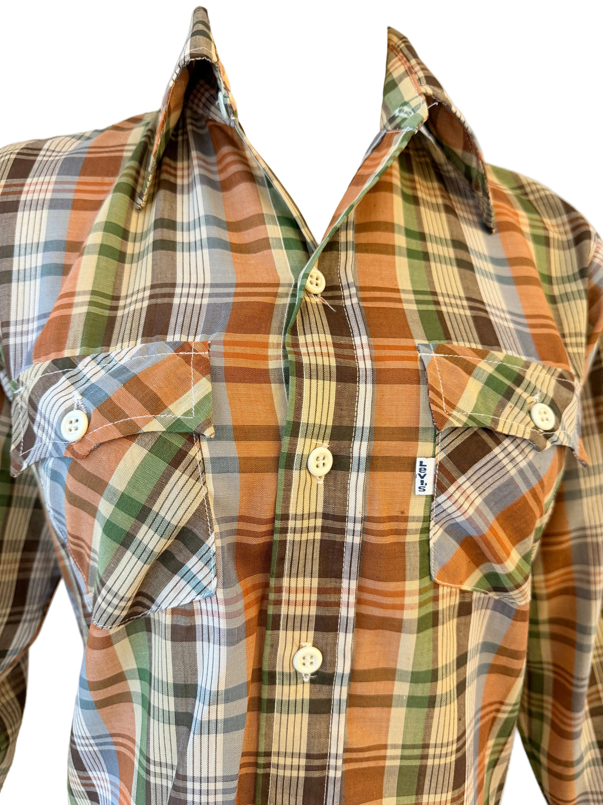1970s Levi’s Plaid Button-Front Shirt with Dagger Collar & Front Pockets
