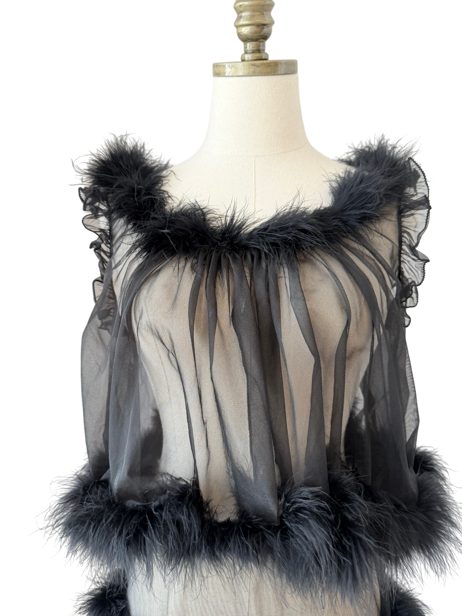 1950s Saks Fifth Avenue Sheer Black Babydoll & Panty Set with Feather Boa Trim (2-Piece)