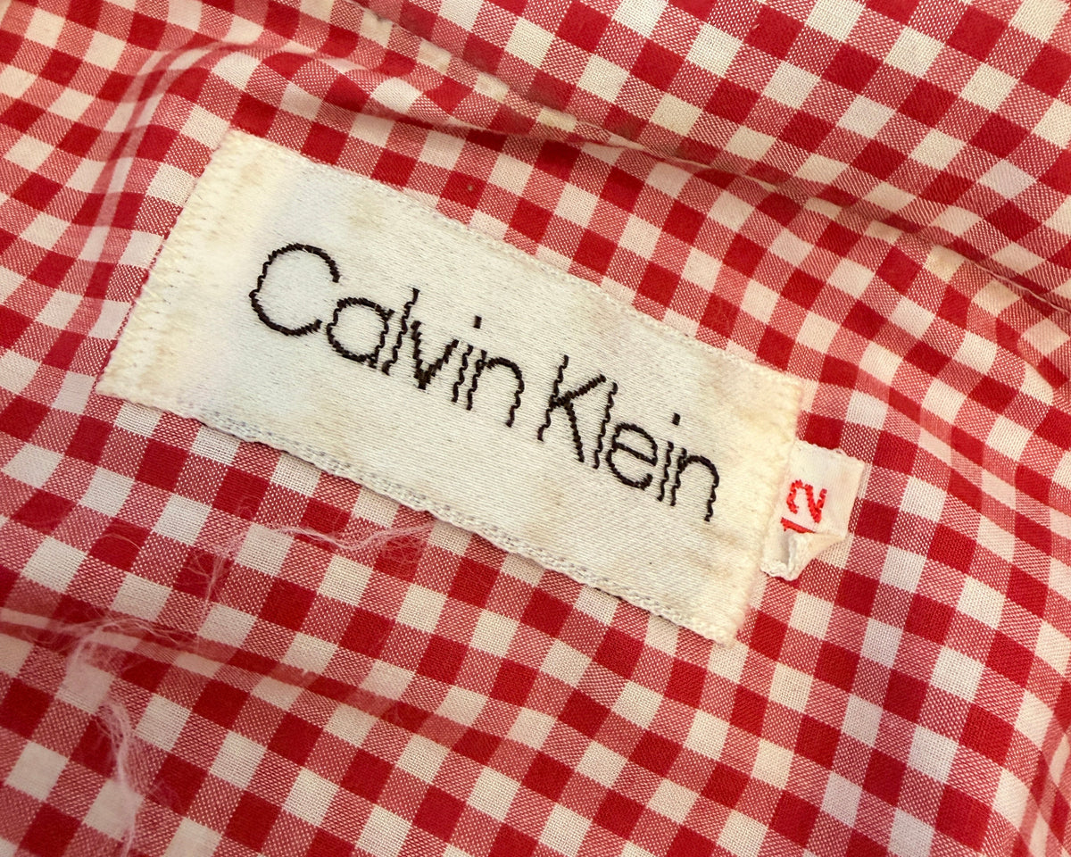1970s Calvin Klein Red & White Gingham Button-Front Shirt with Shoulder Tabs & Front Pockets