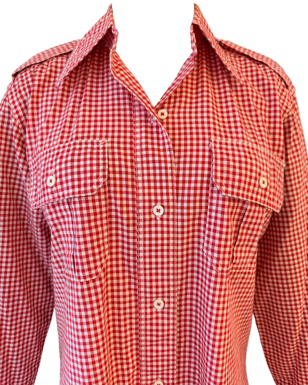 1970s Calvin Klein Red & White Gingham Button-Front Shirt with Shoulder Tabs & Front Pockets