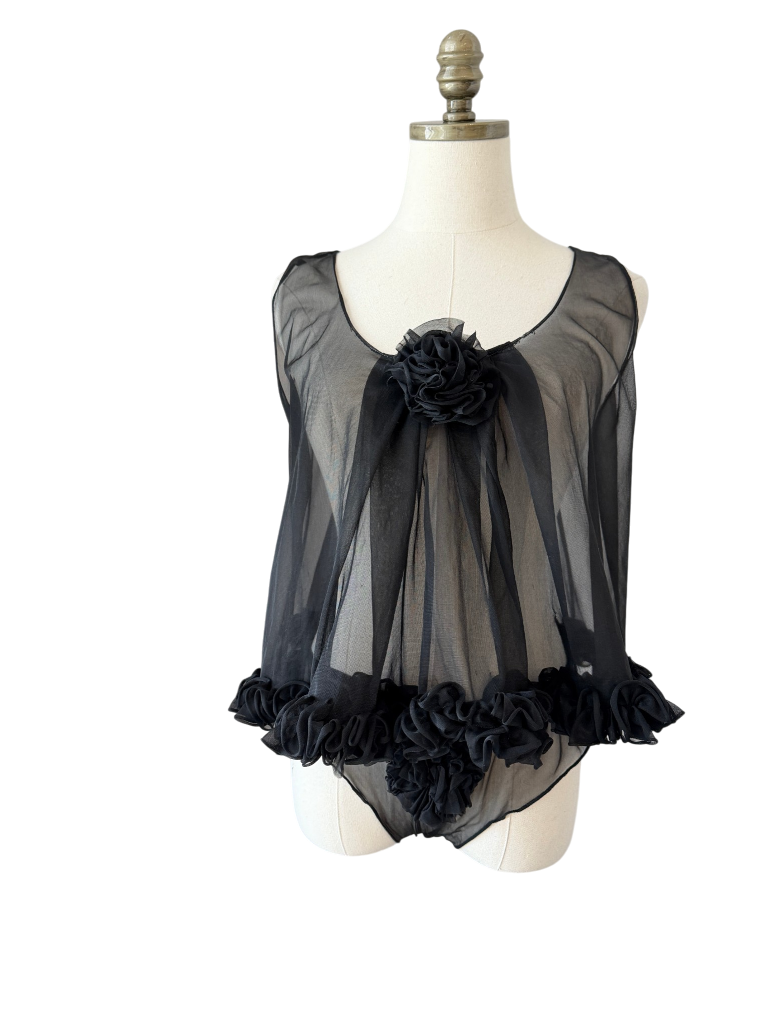 1950s Bloomingdale’s Black Sheer Babydoll & Panty Set with Ruffle and Rosette Detail
