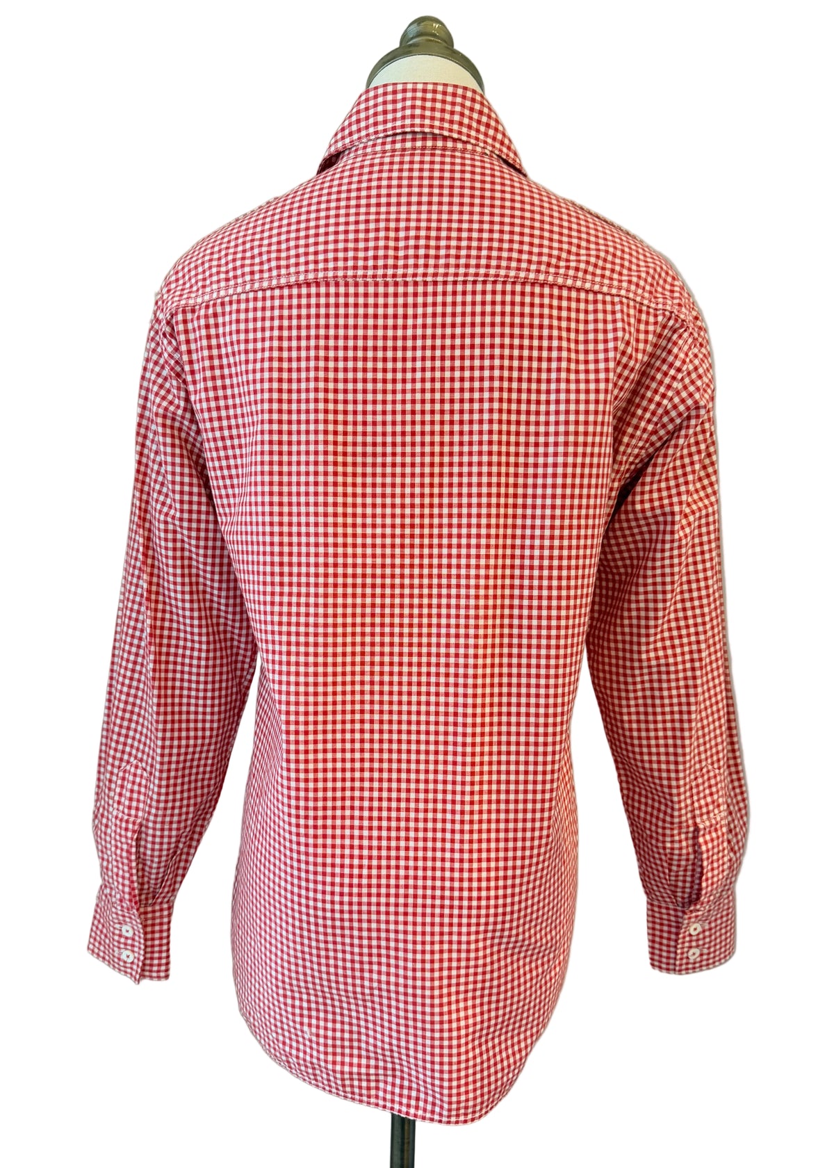 1970s Calvin Klein Red & White Gingham Button-Front Shirt with Shoulder Tabs & Front Pockets