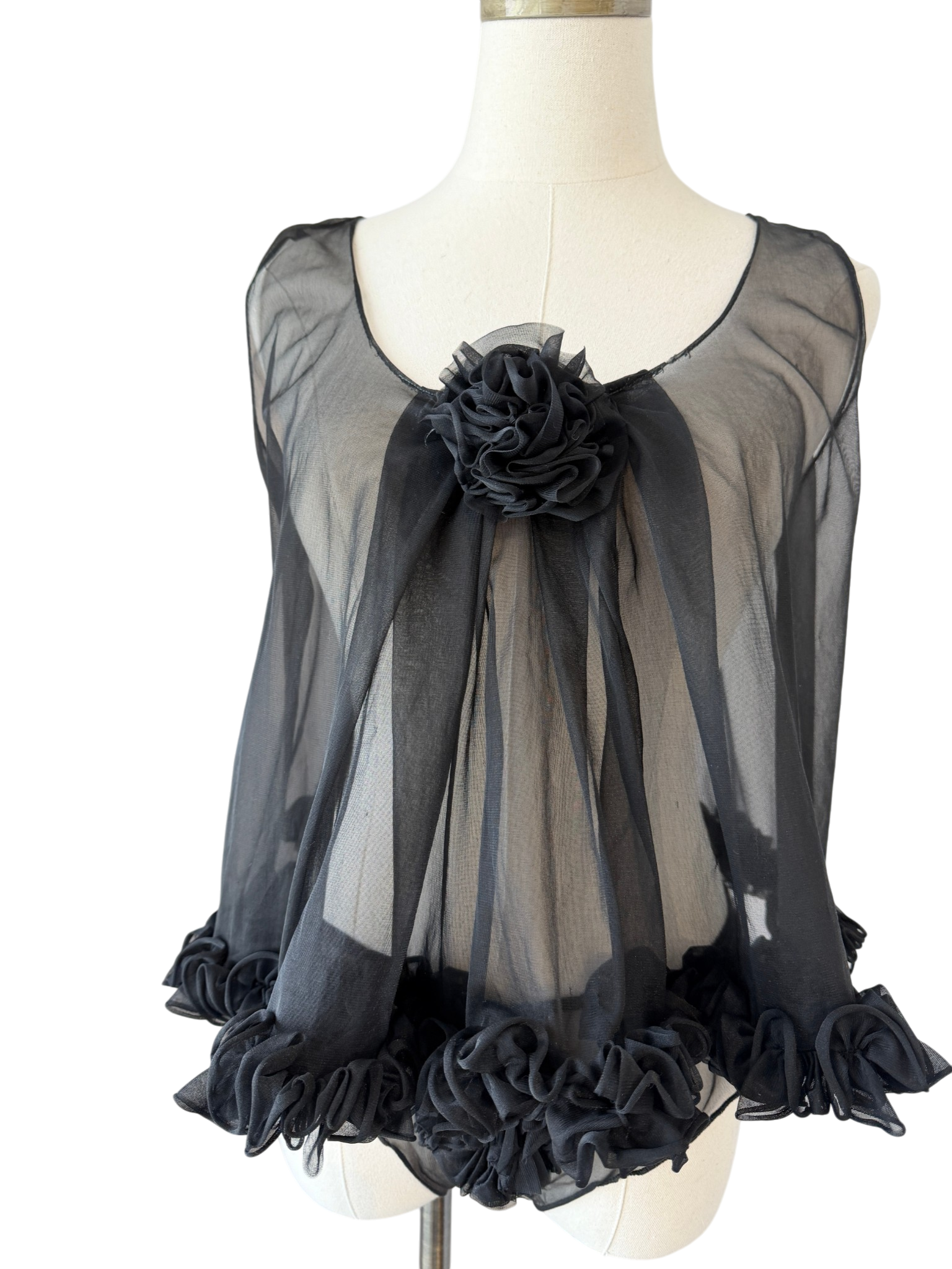1950s Bloomingdale’s Black Sheer Babydoll & Panty Set with Ruffle and Rosette Detail