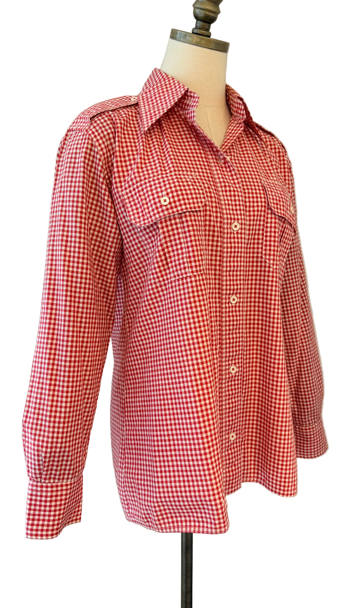 1970s Calvin Klein Red & White Gingham Button-Front Shirt with Shoulder Tabs & Front Pockets