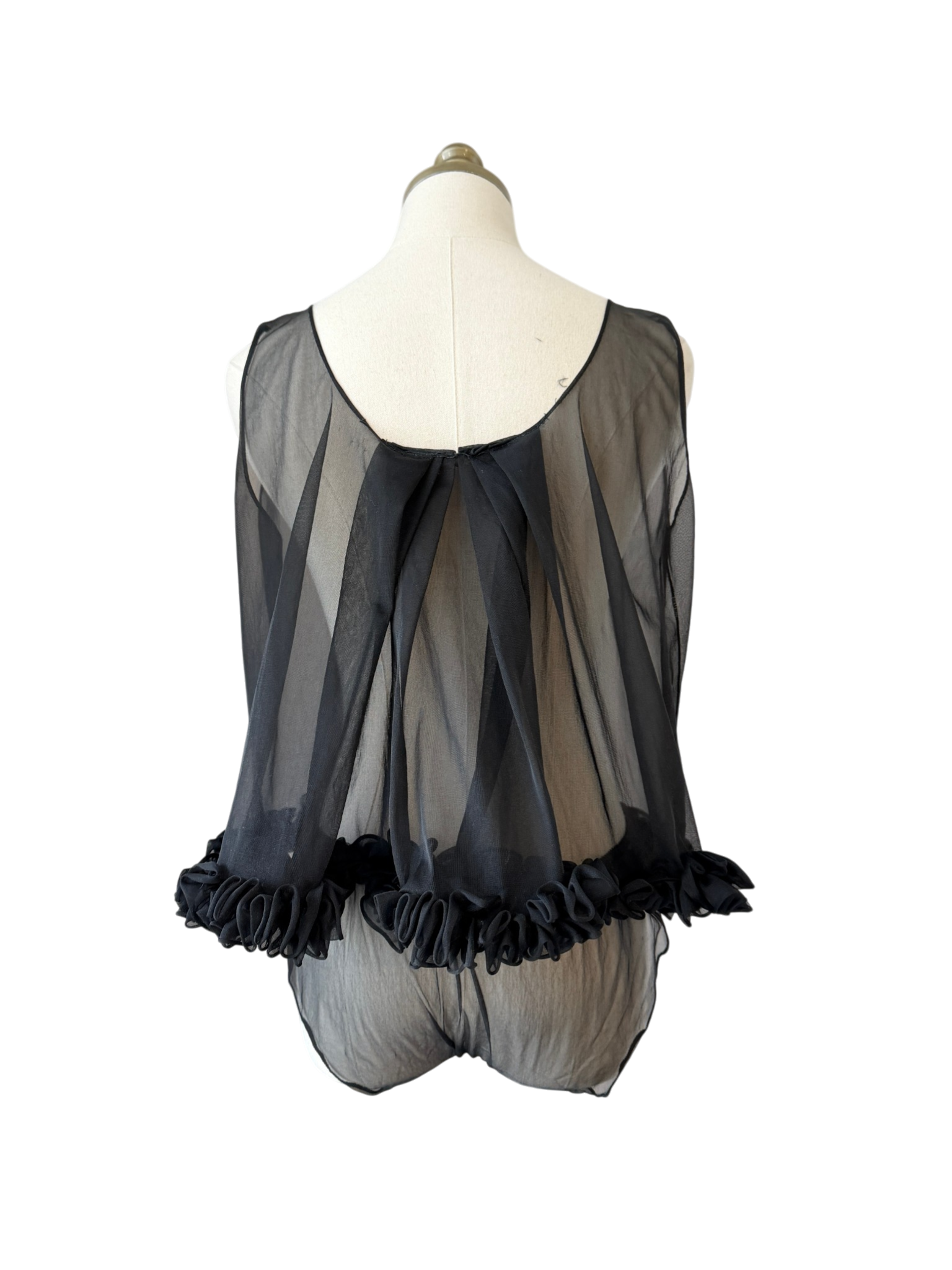 1950s Bloomingdale’s Black Sheer Babydoll & Panty Set with Ruffle and Rosette Detail