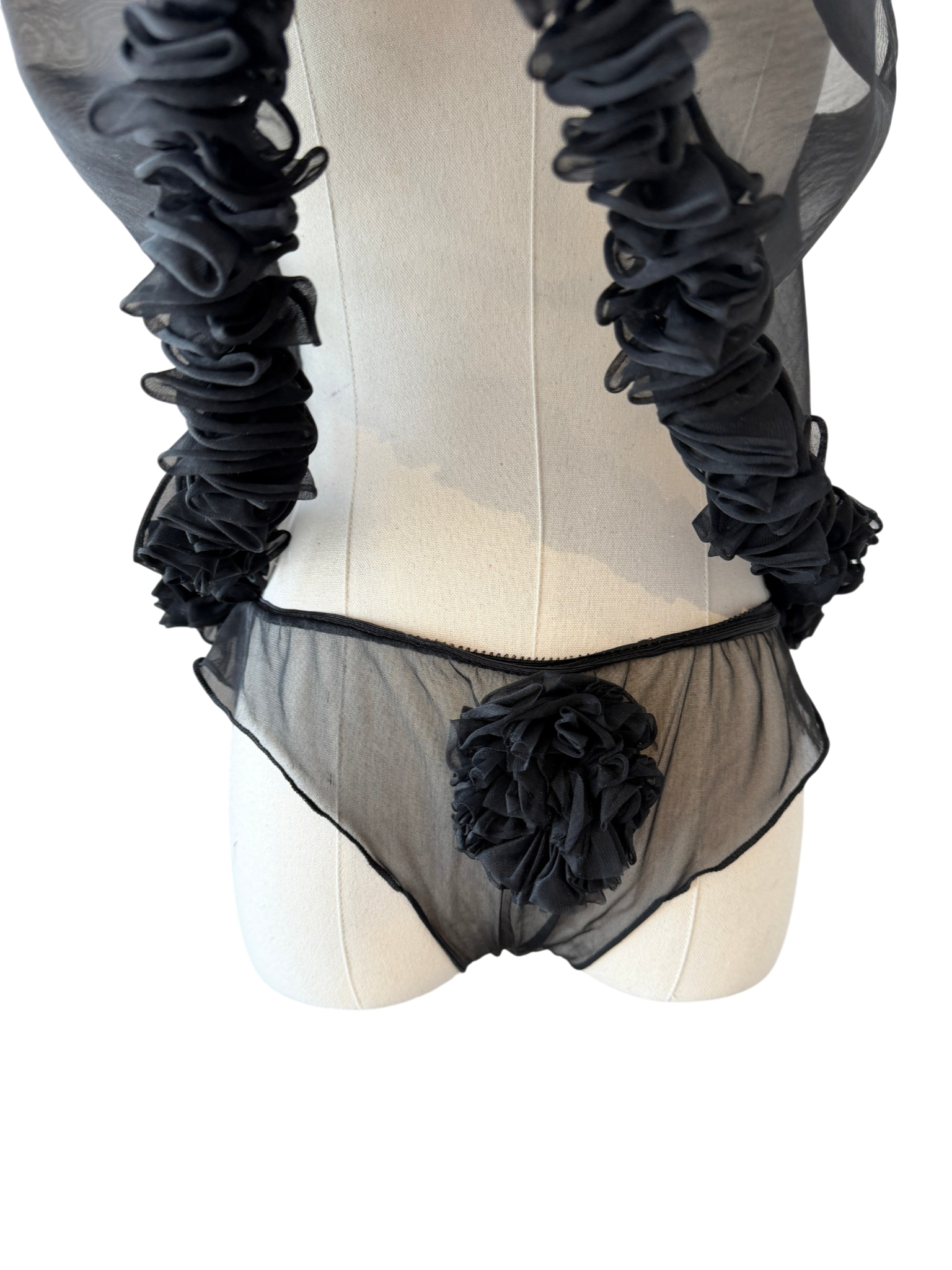 1950s Bloomingdale’s Black Sheer Babydoll & Panty Set with Ruffle and Rosette Detail