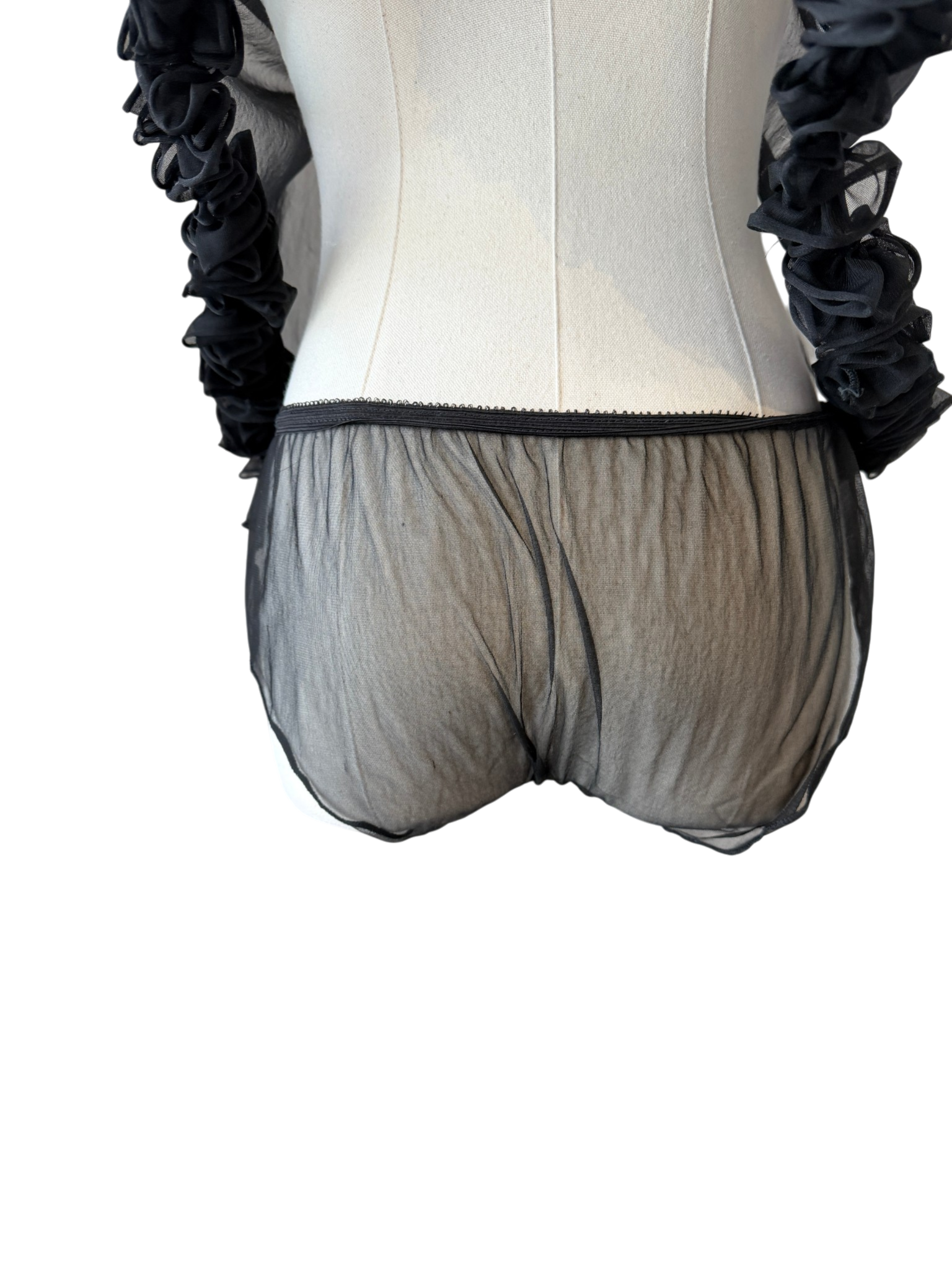 1950s Bloomingdale’s Black Sheer Babydoll & Panty Set with Ruffle and Rosette Detail
