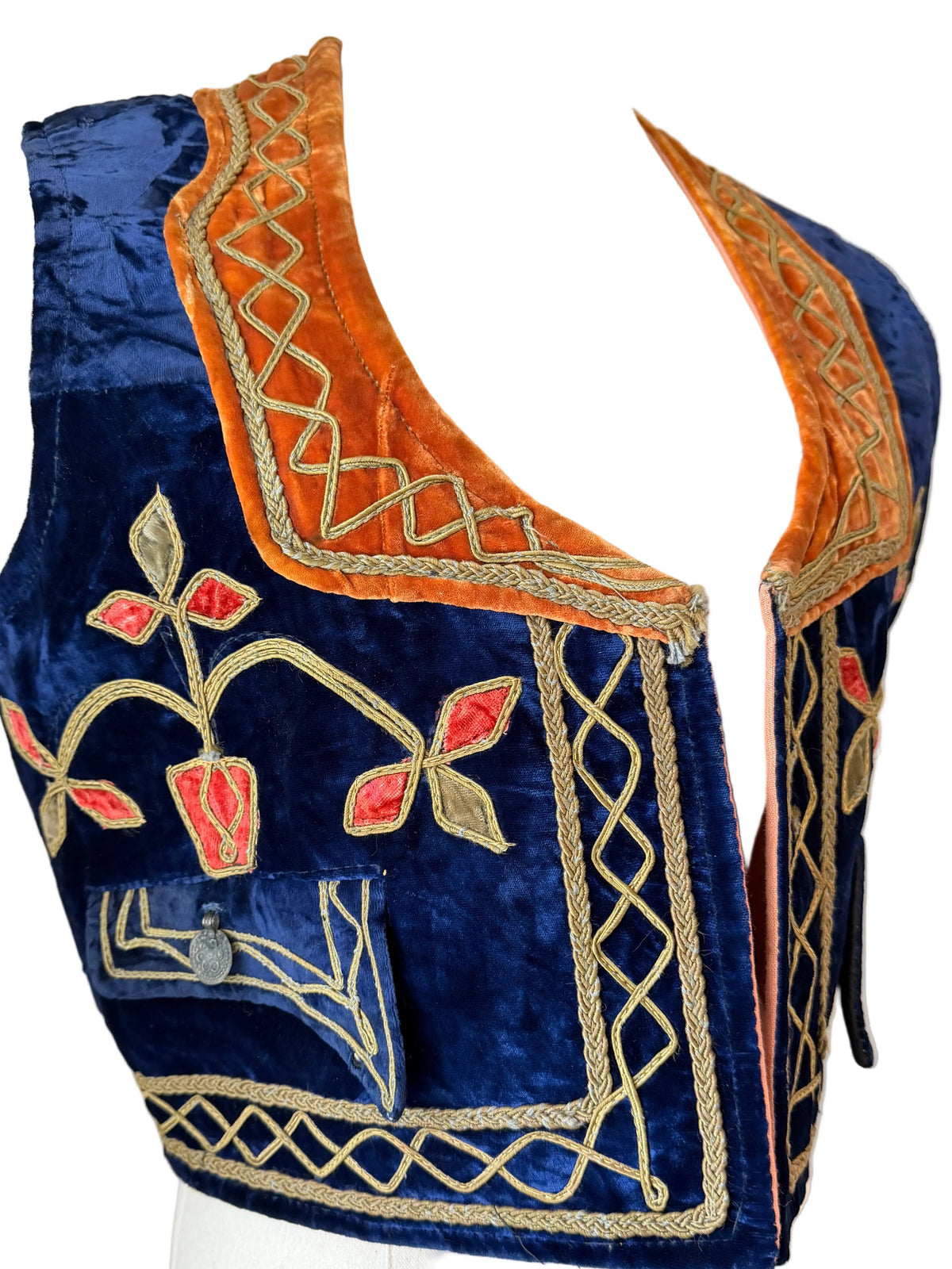 1960s Traditional Turkish Velvet Cropped Vest with Gold Ribbon Work & Floral Pot Motifs