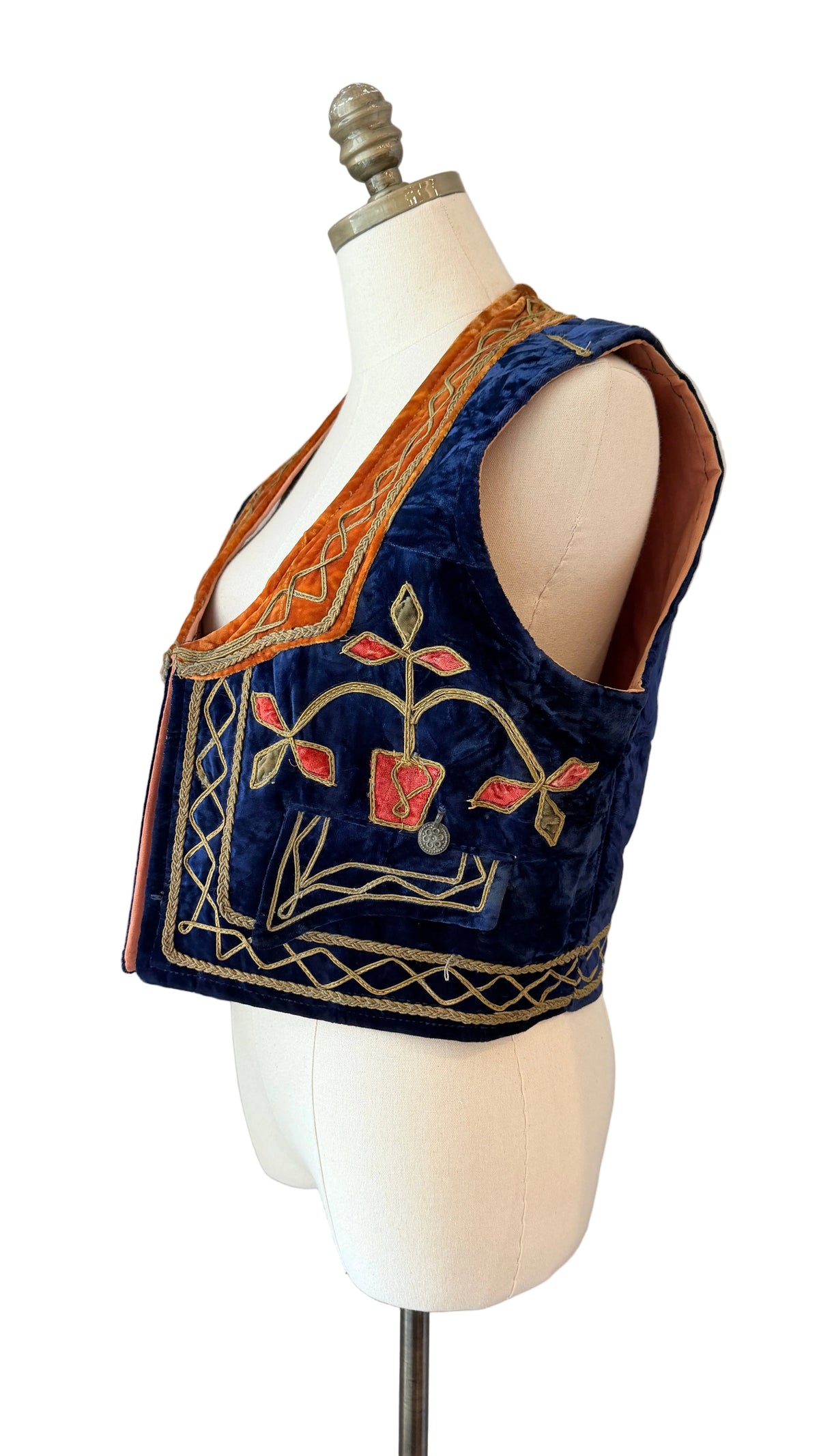 1960s Traditional Turkish Velvet Cropped Vest with Gold Ribbon Work & Floral Pot Motifs