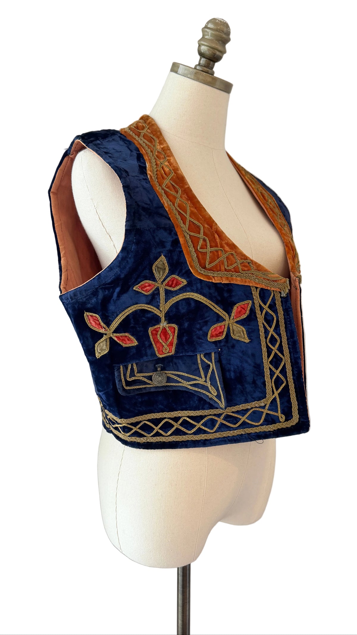 1960s Traditional Turkish Velvet Cropped Vest with Gold Ribbon Work & Floral Pot Motifs