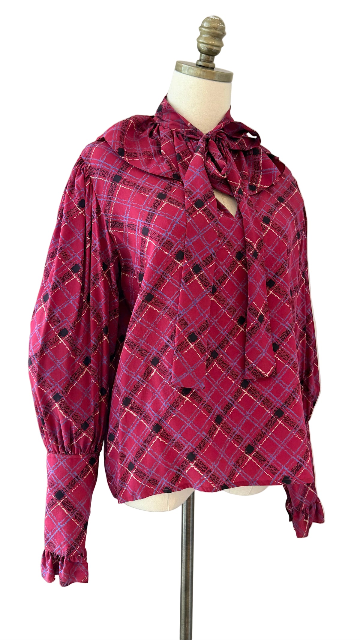 1970s Yves Saint Laurent Burgundy Plaid Silk Blouse with Ruffled Neckline, Cuffs & Neck Tie