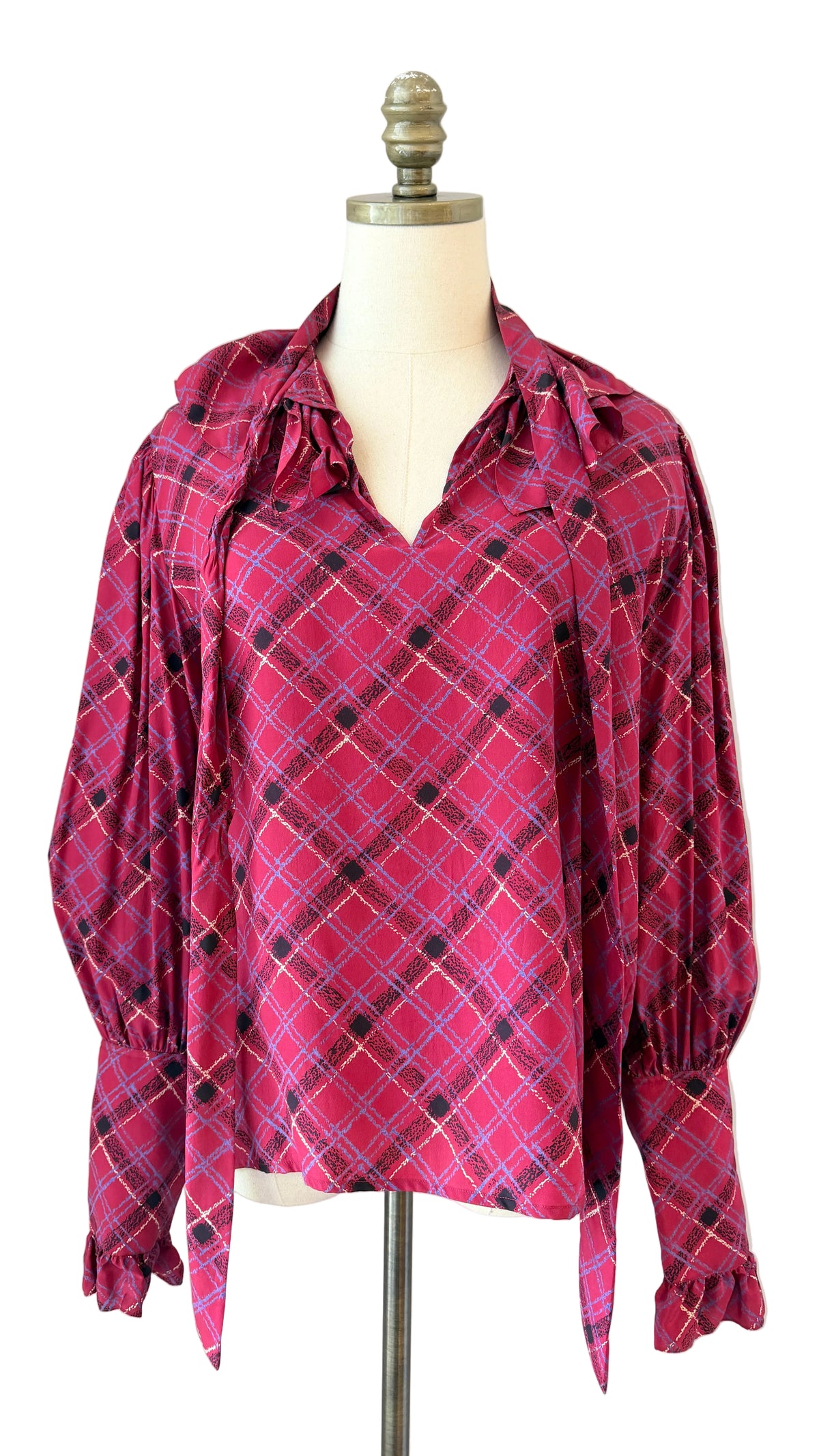1970s Yves Saint Laurent Burgundy Plaid Silk Blouse with Ruffled Neckline, Cuffs & Neck Tie