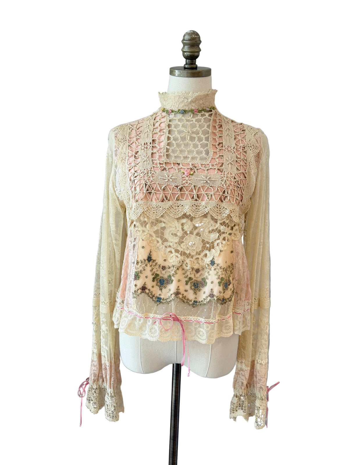 1970s Upcycled Antique Lace & Hand-Crocheted Romantic Blouse with Mock Neck & Drawstring Details