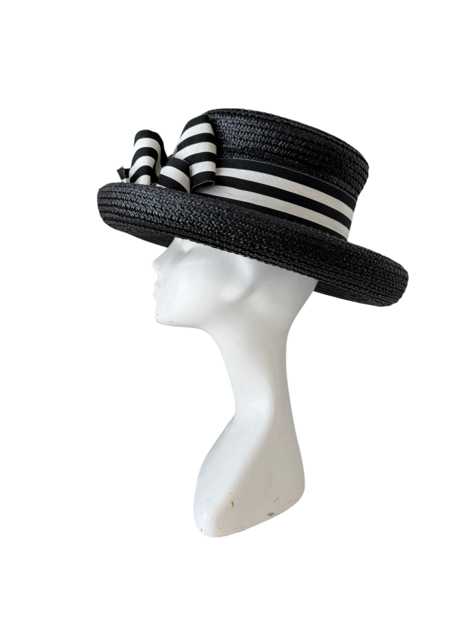 1980s Eric Javits Straw Rolled Brim Hat with Grosgrain Ribbon and Statement Bow