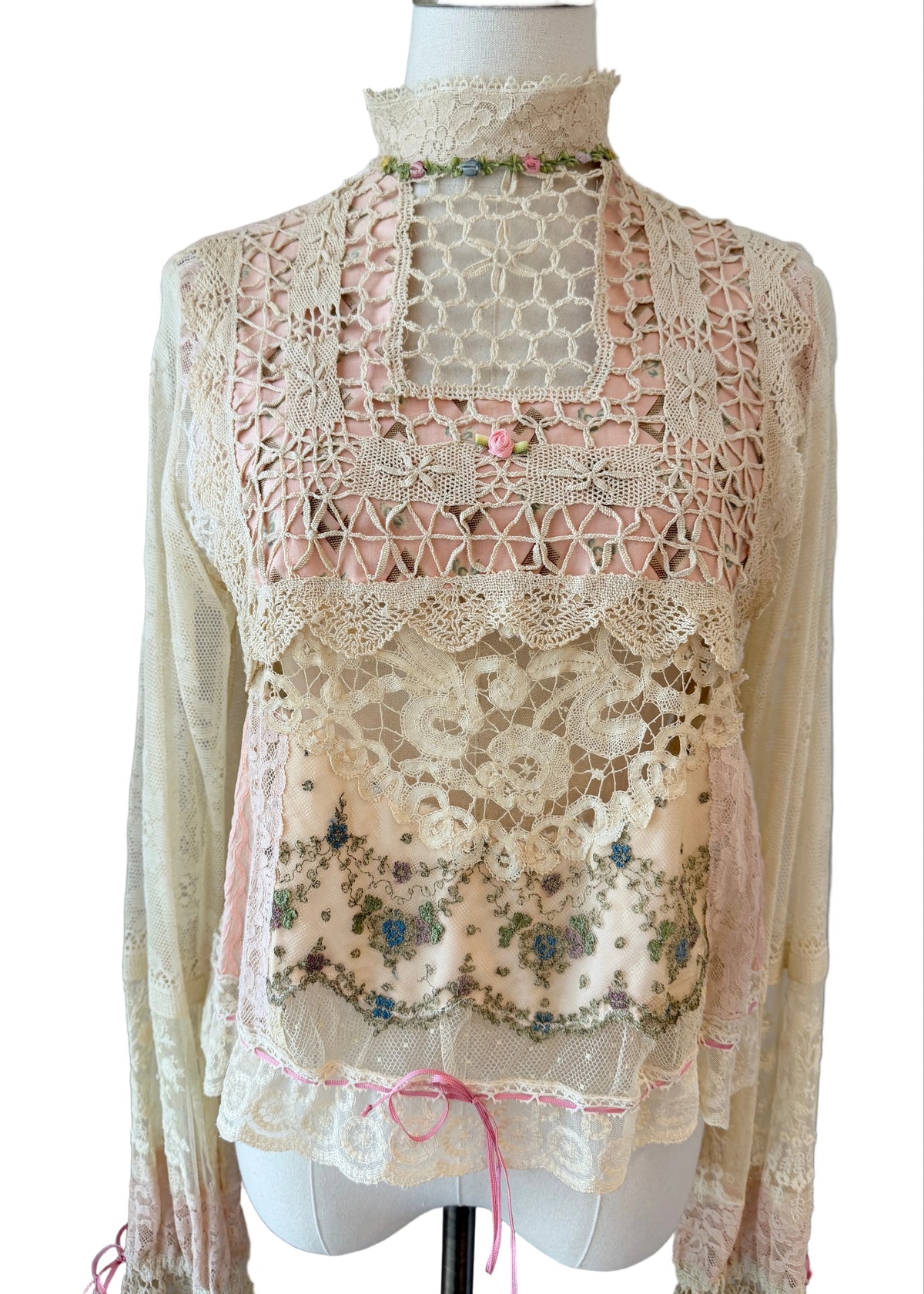 1970s Upcycled Antique Lace & Hand-Crocheted Romantic Blouse with Mock Neck & Drawstring Details