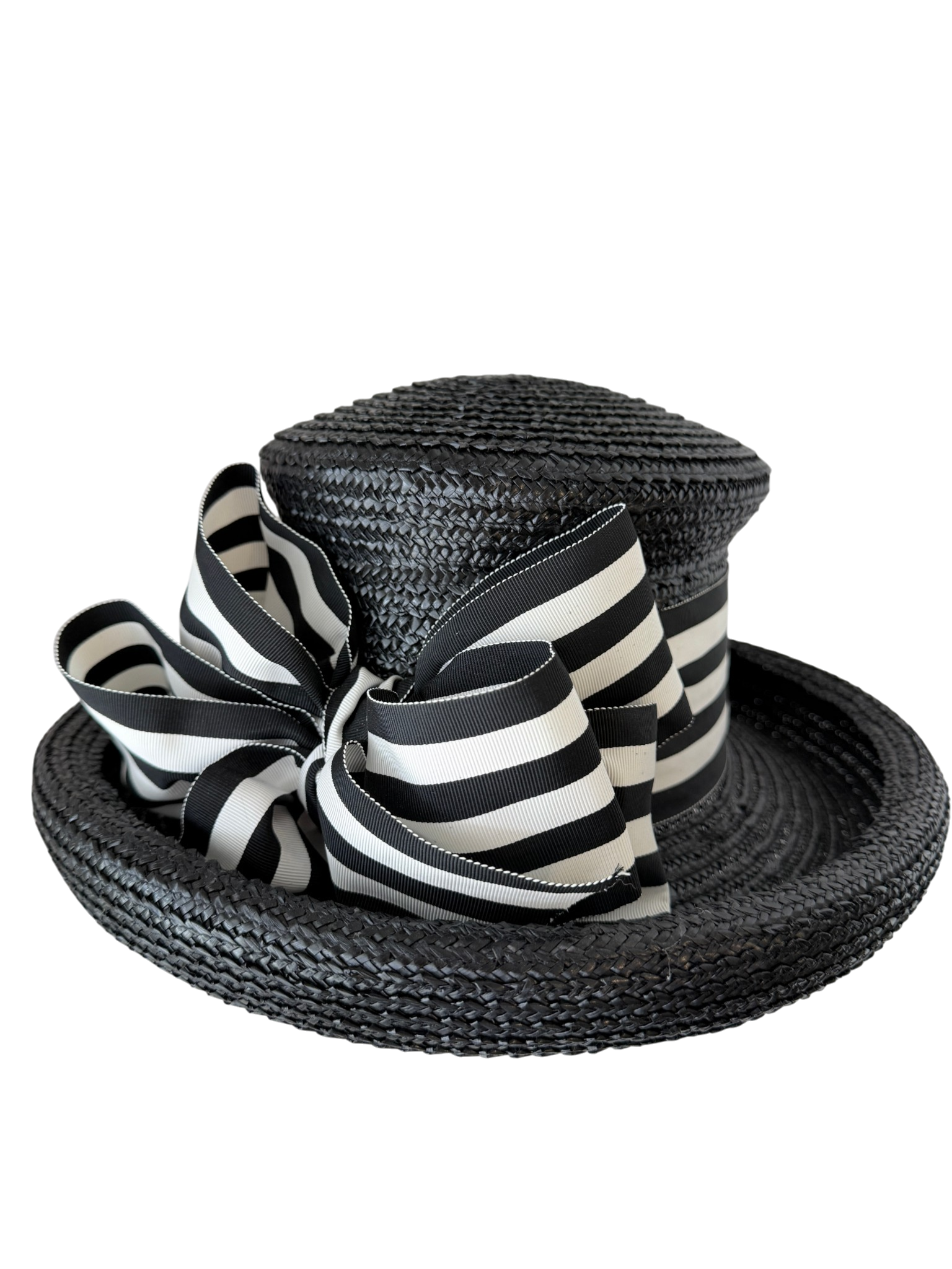 1980s Eric Javits Straw Rolled Brim Hat with Grosgrain Ribbon and Statement Bow