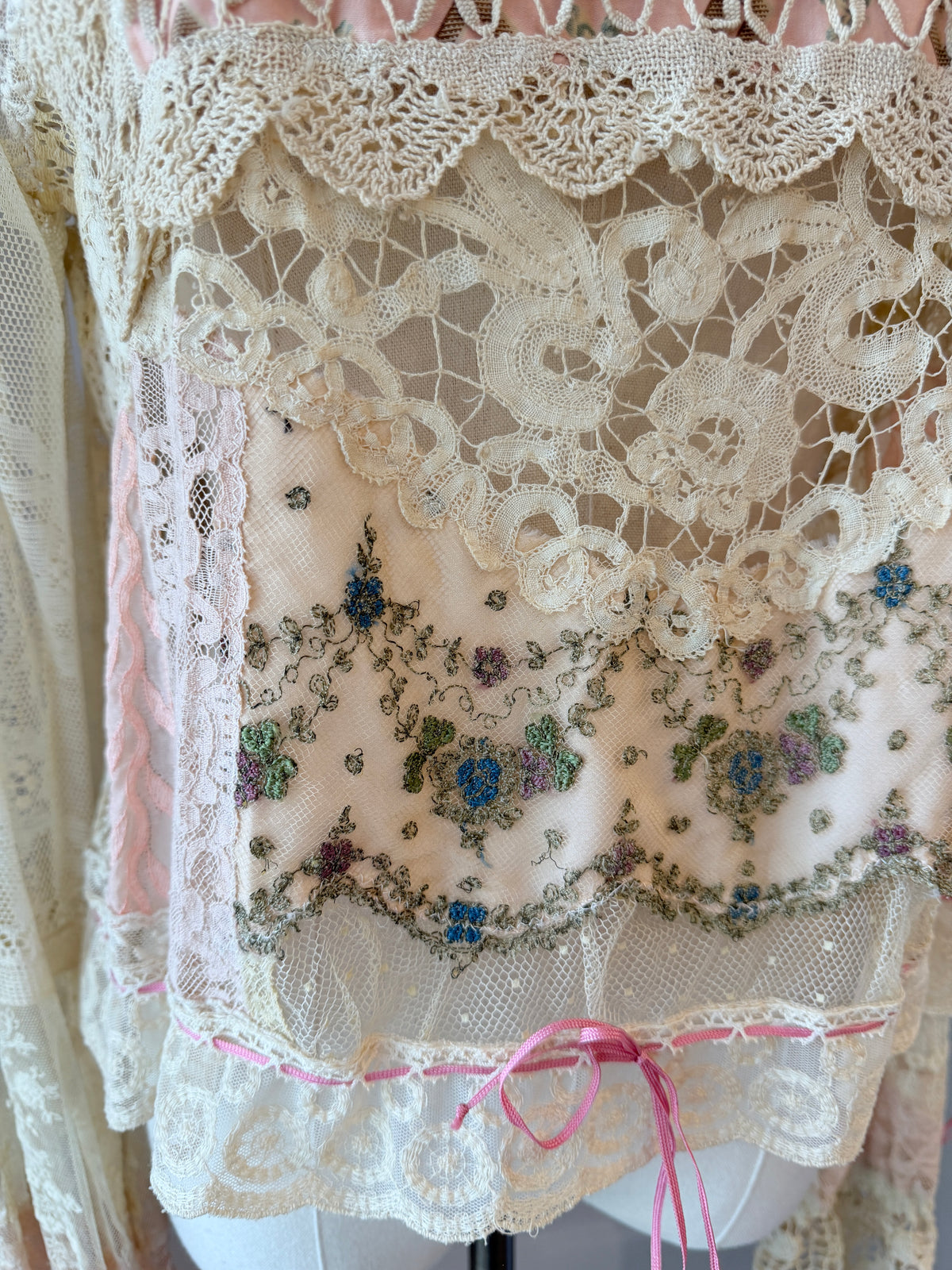 1970s Upcycled Antique Lace & Hand-Crocheted Romantic Blouse with Mock Neck & Drawstring Details