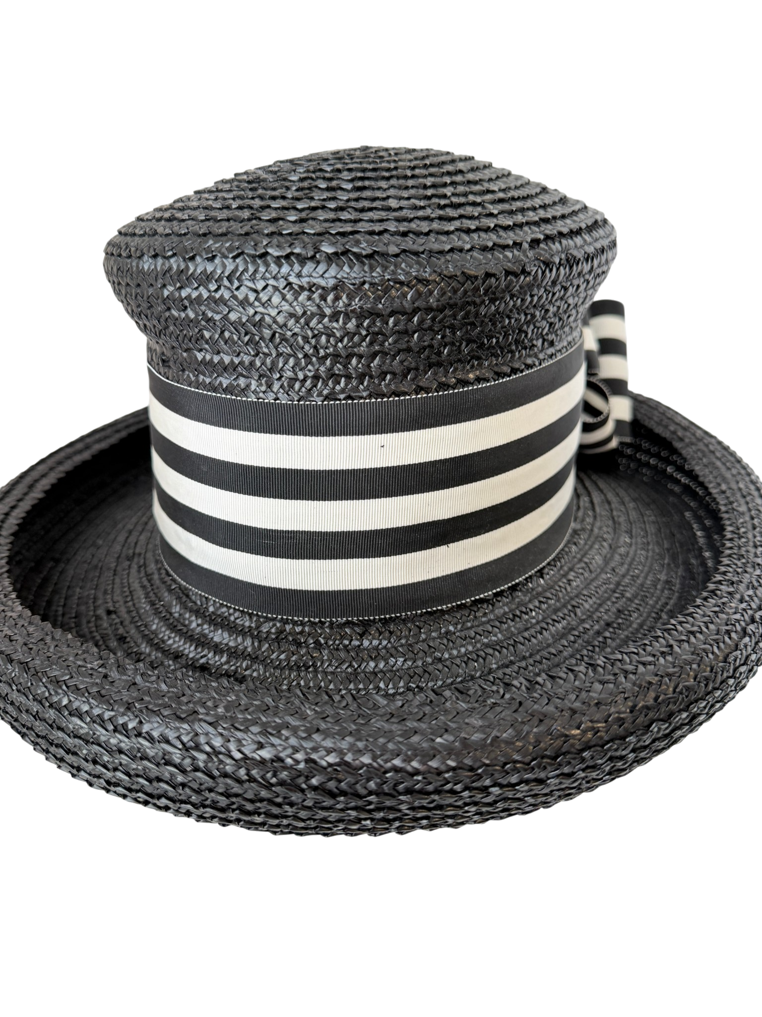 1980s Eric Javits Straw Rolled Brim Hat with Grosgrain Ribbon and Statement Bow