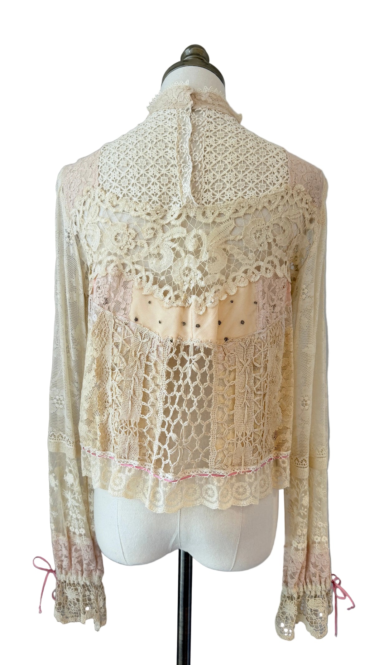 1970s Upcycled Antique Lace & Hand-Crocheted Romantic Blouse with Mock Neck & Drawstring Details
