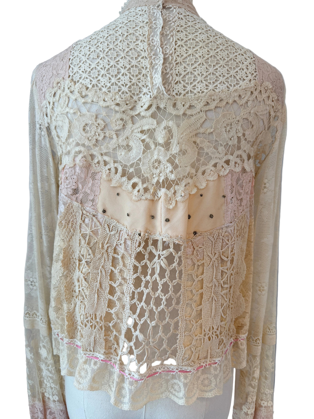 1970s Upcycled Antique Lace & Hand-Crocheted Romantic Blouse with Mock Neck & Drawstring Details
