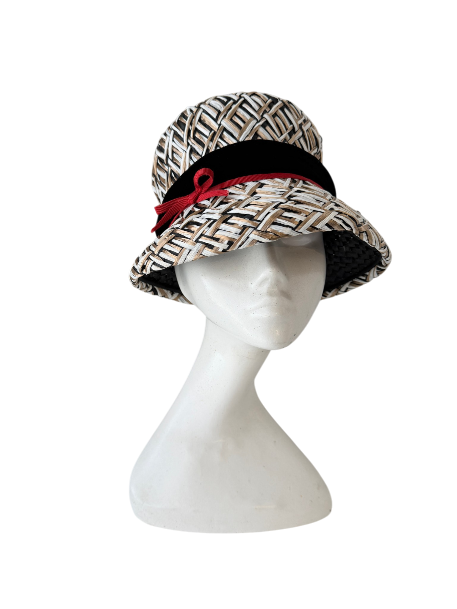 1950s Woven Raffia Bucket Hat with Velvet and Grosgrain Ribbon Detail
