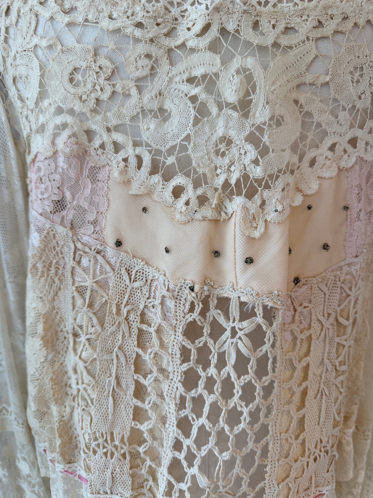 1970s Upcycled Antique Lace & Hand-Crocheted Romantic Blouse with Mock Neck & Drawstring Details