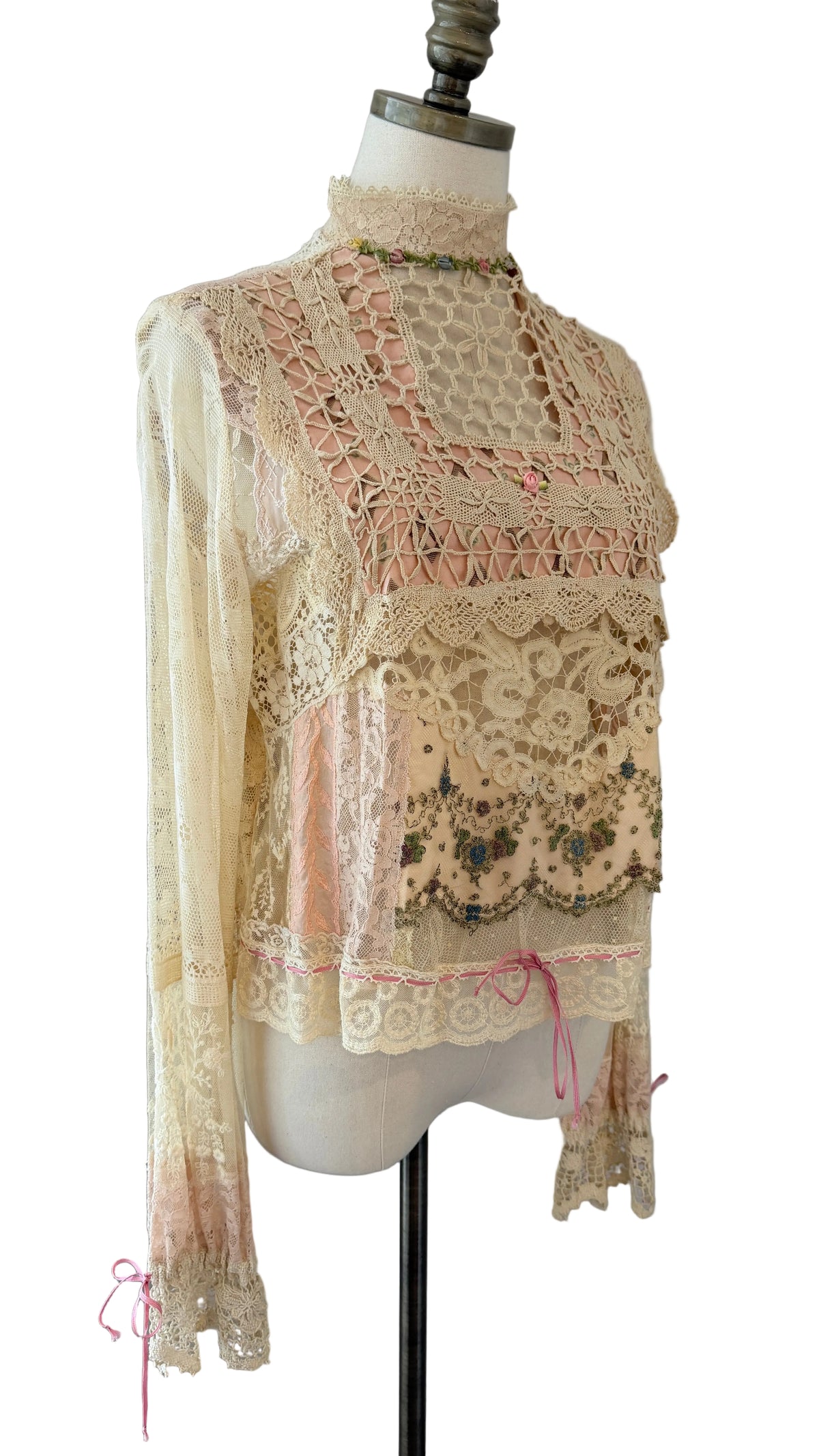 1970s Upcycled Antique Lace & Hand-Crocheted Romantic Blouse with Mock Neck & Drawstring Details