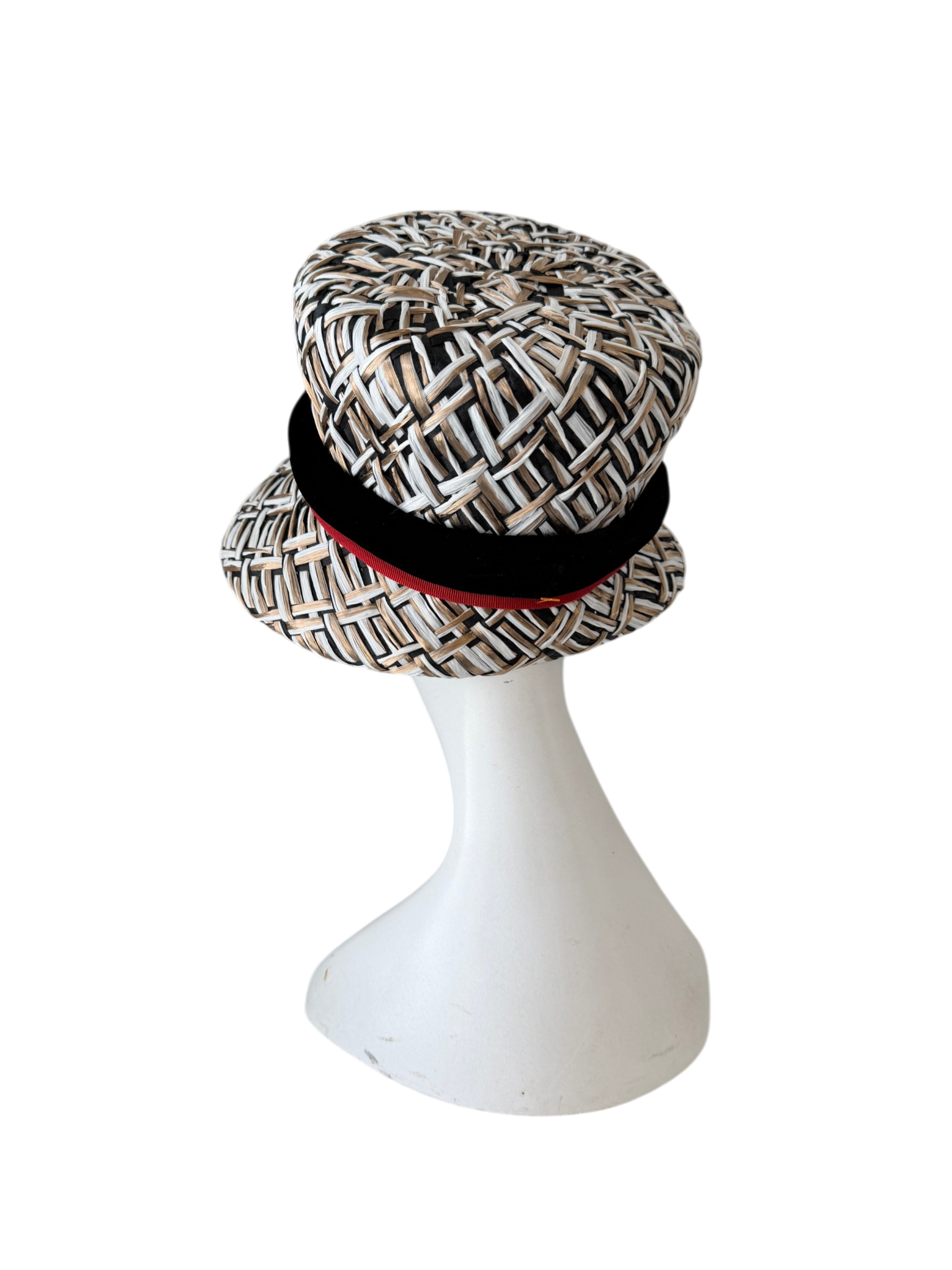 1950s Woven Raffia Bucket Hat with Velvet and Grosgrain Ribbon Detail