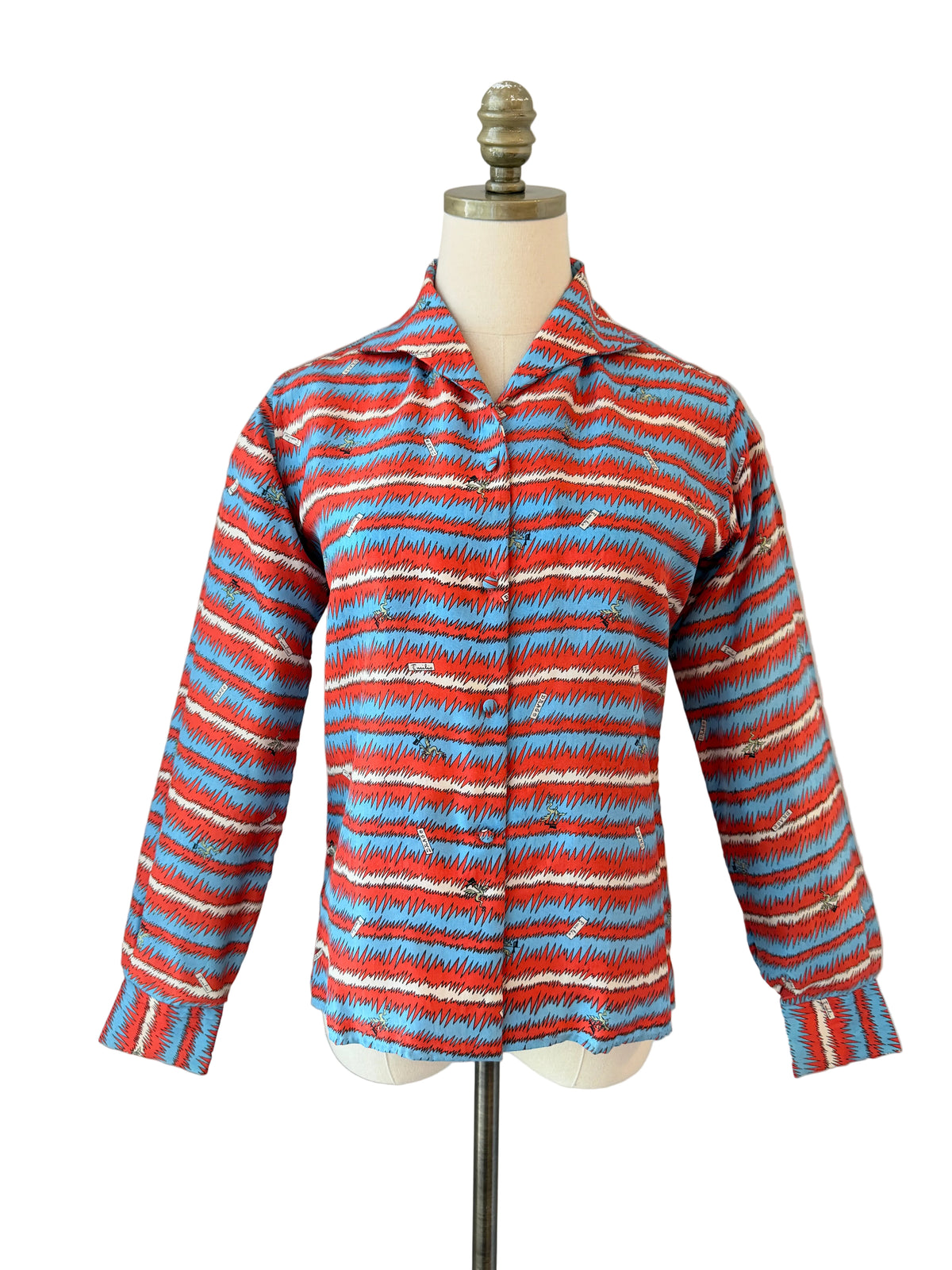 Rare 1960s Emilio Pucci Silk Button-Front Blouse with Zigzag Stripes & Serpent Print