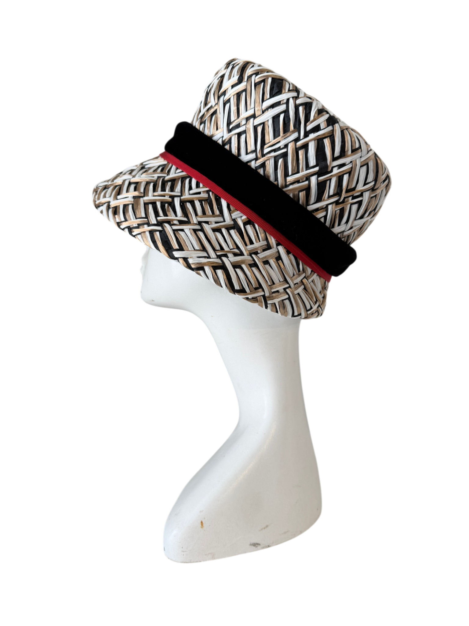 1950s Woven Raffia Bucket Hat with Velvet and Grosgrain Ribbon Detail