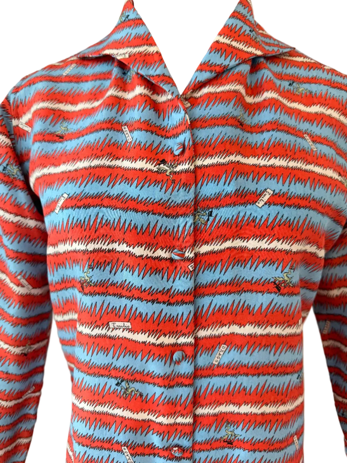 Rare 1960s Emilio Pucci Silk Button-Front Blouse with Zigzag Stripes & Serpent Print