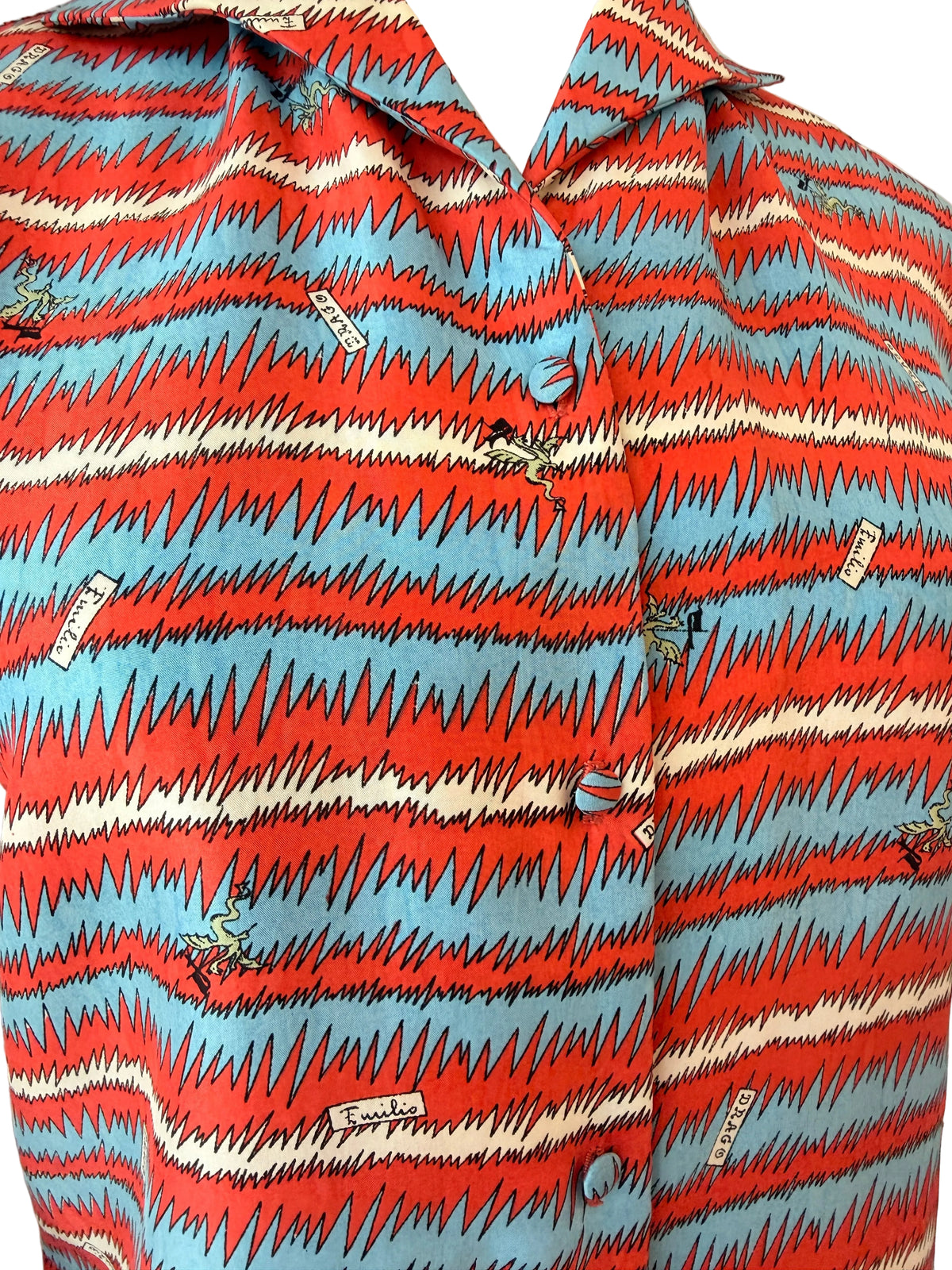 Rare 1960s Emilio Pucci Silk Button-Front Blouse with Zigzag Stripes & Serpent Print