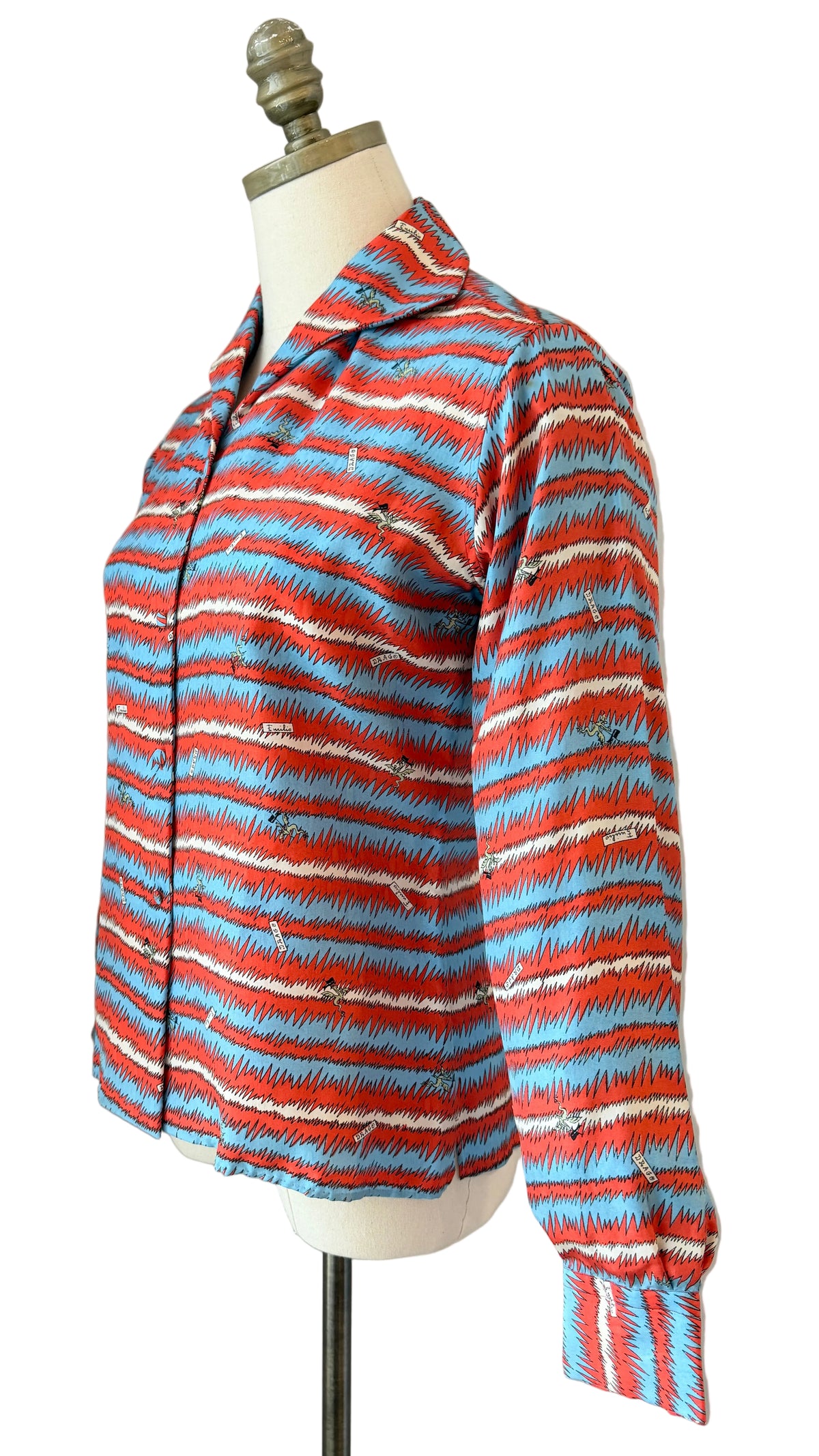 Rare 1960s Emilio Pucci Silk Button-Front Blouse with Zigzag Stripes & Serpent Print