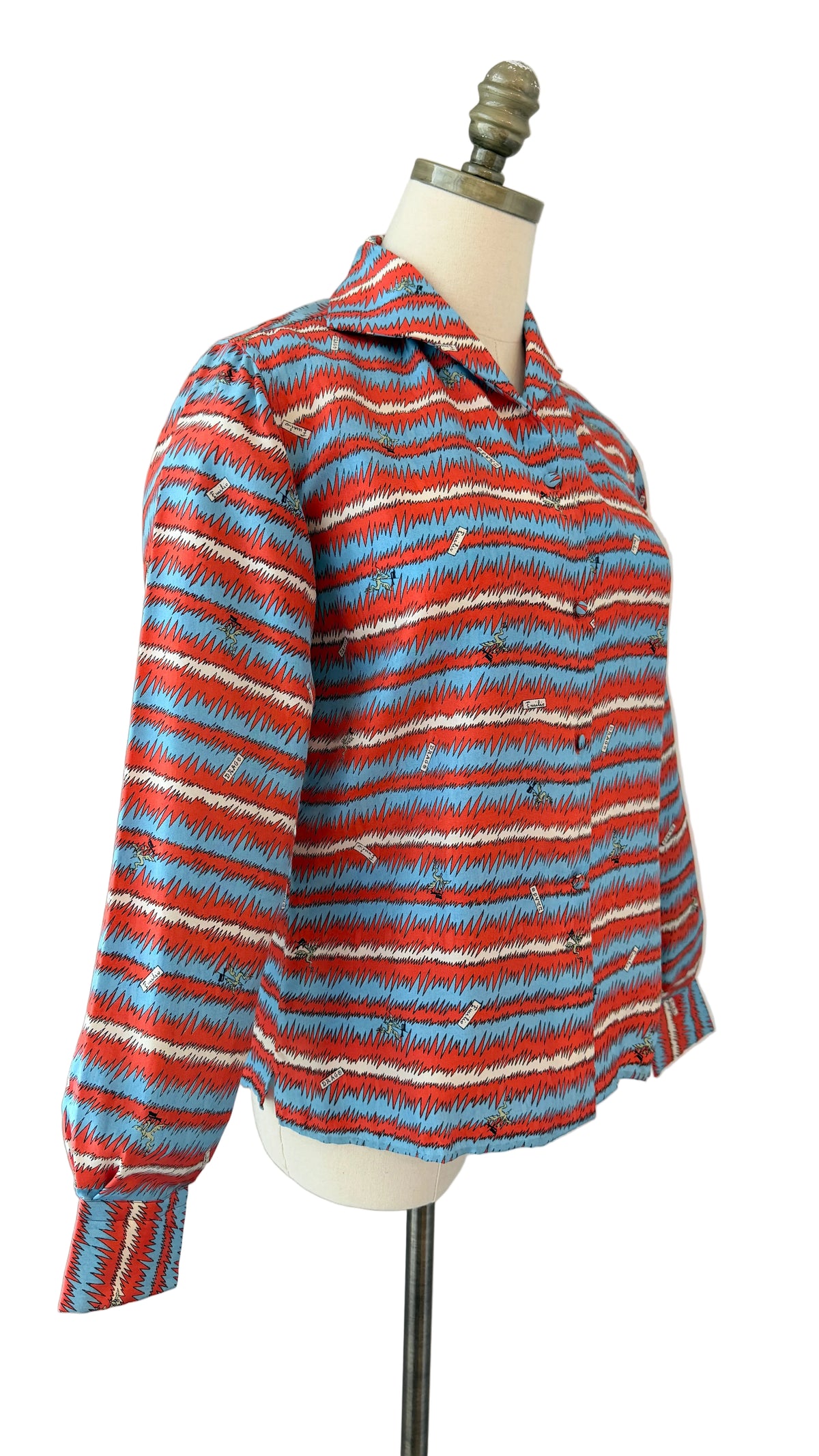 Rare 1960s Emilio Pucci Silk Button-Front Blouse with Zigzag Stripes & Serpent Print