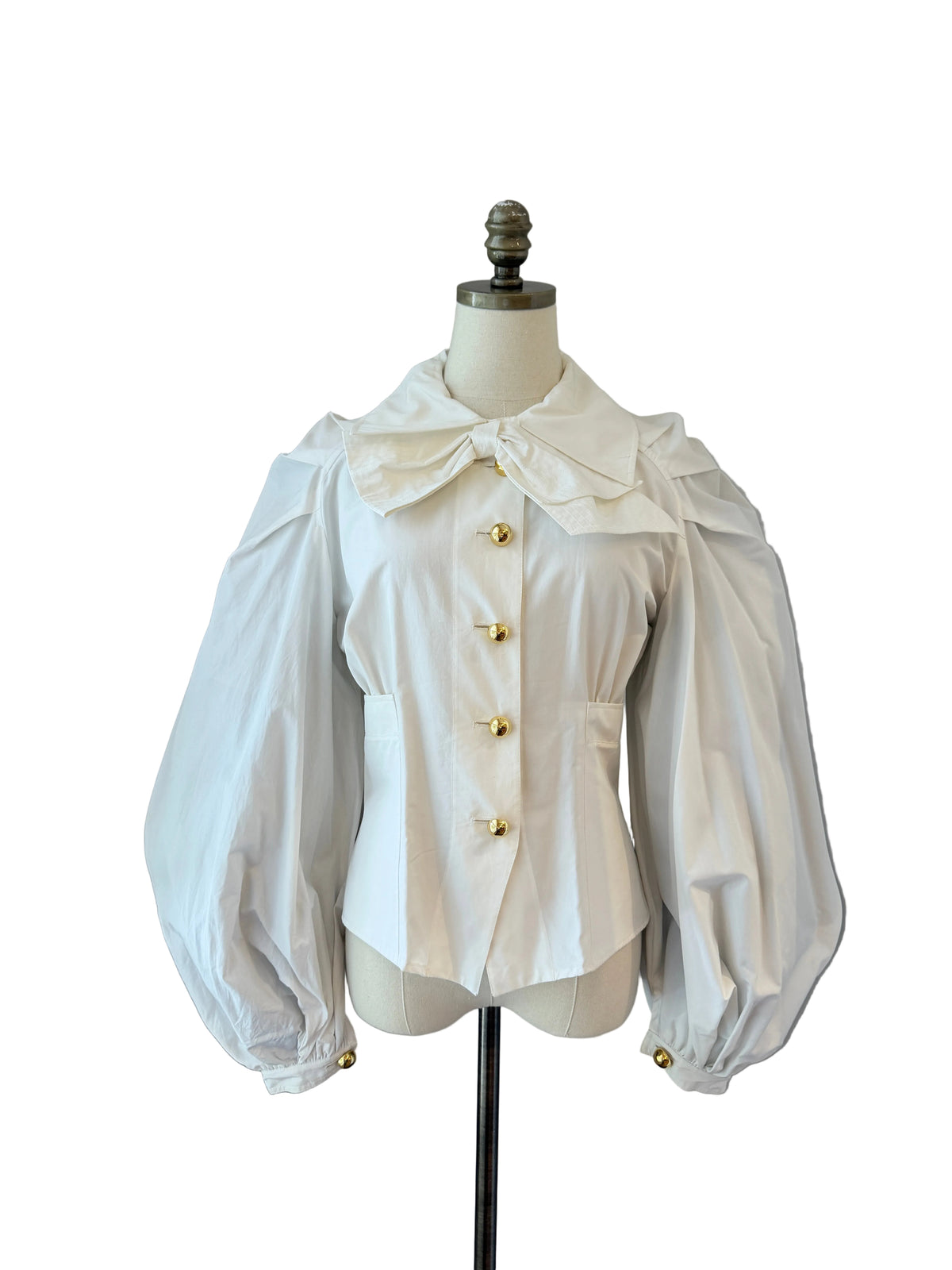 1990s Christian Lacroix White Poplin Balloon-Sleeve Blouse with Oversized Bow & Gold Ball Buttons