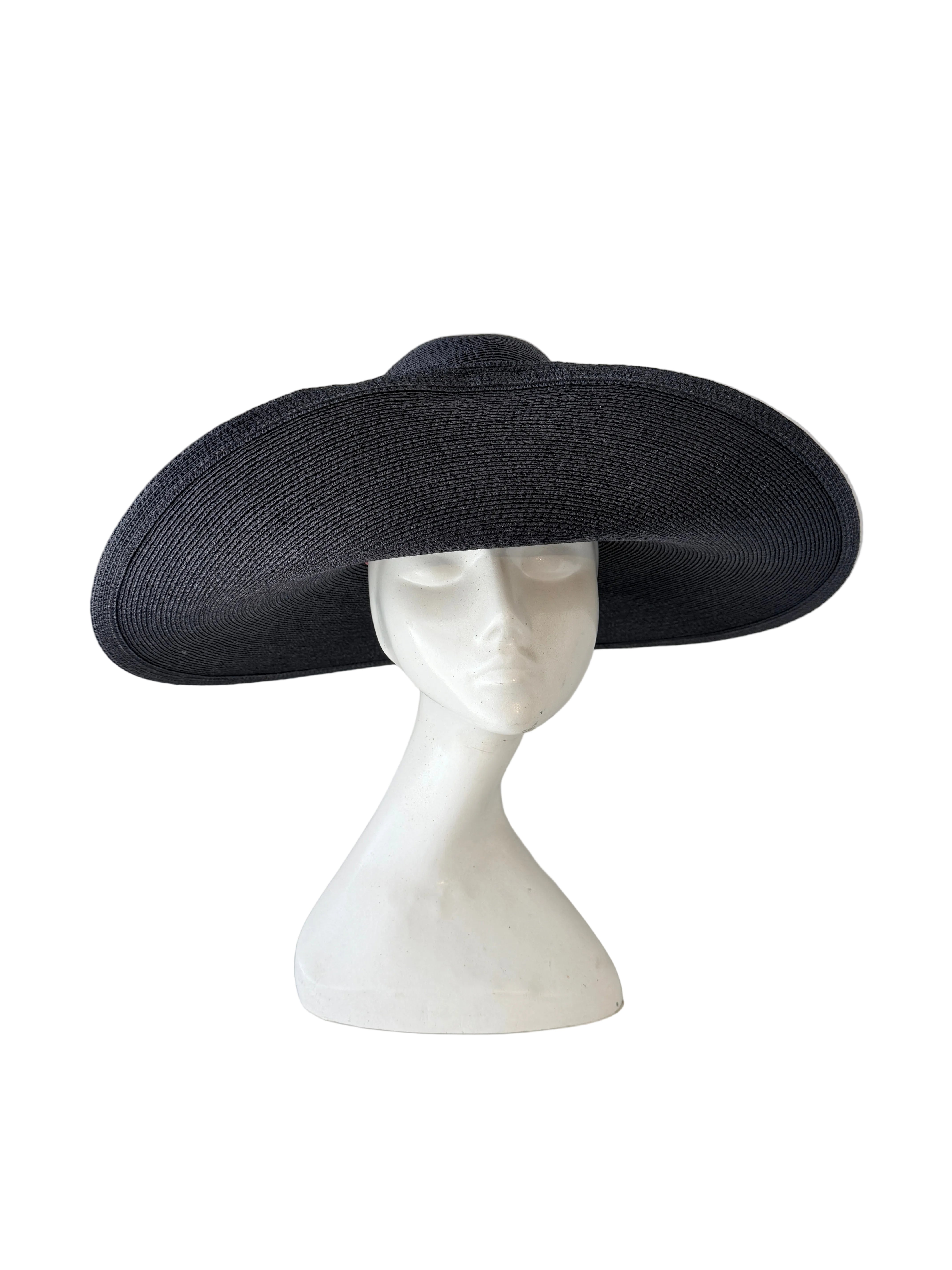 1980s Frank Olive Navy Straw Wide Brim Sun Hat with Bow Band (Private Collection)