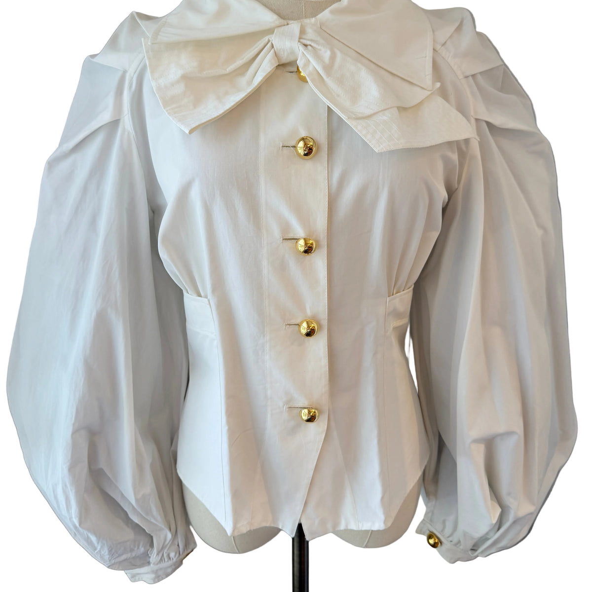 1990s Christian Lacroix White Poplin Balloon-Sleeve Blouse with Oversized Bow & Gold Ball Buttons