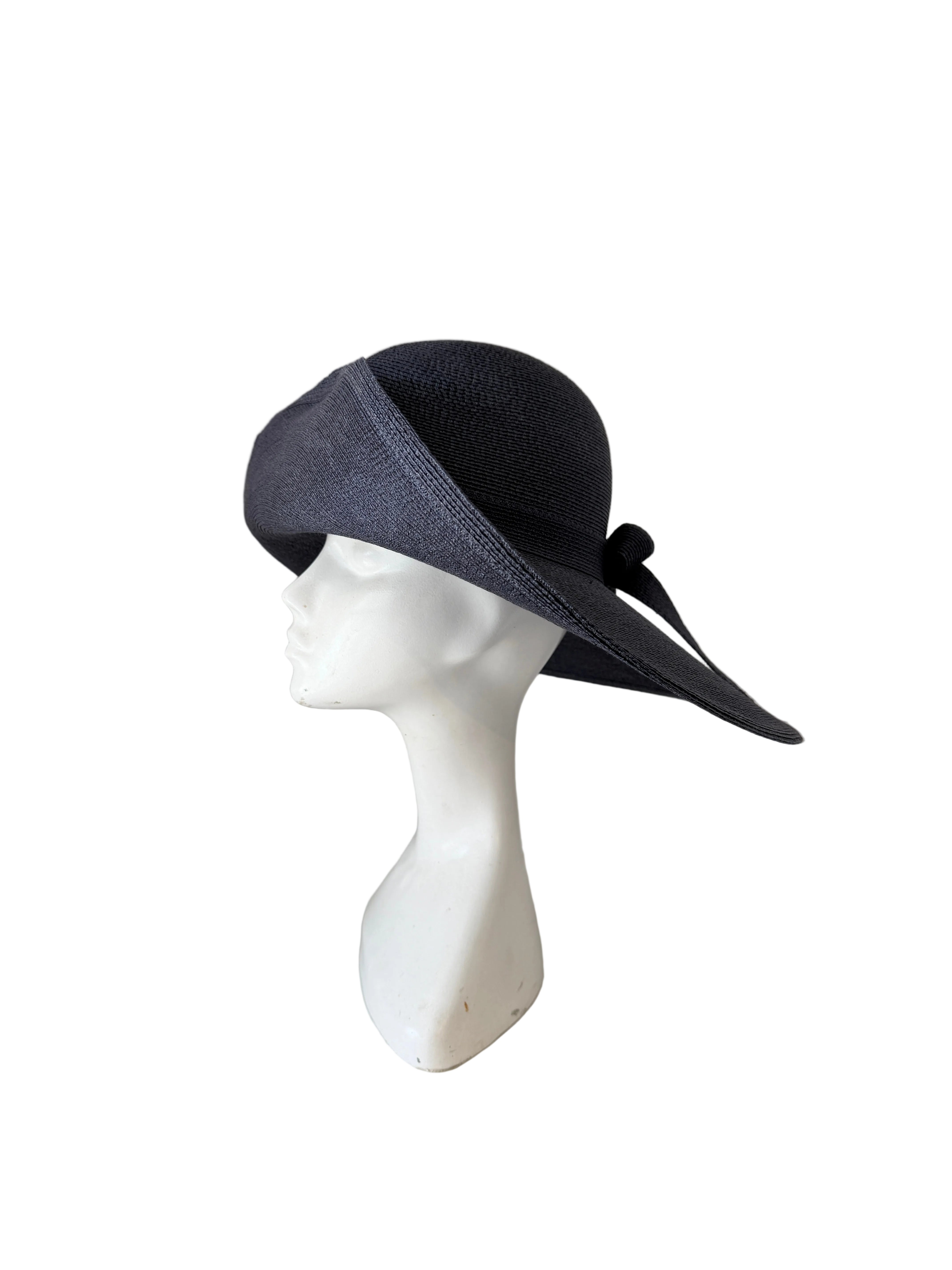 1980s Frank Olive Navy Straw Wide Brim Sun Hat with Bow Band (Private Collection)