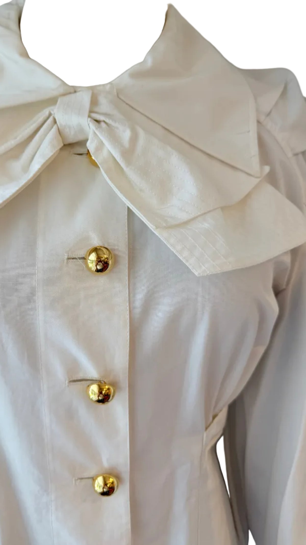 1990s Christian Lacroix White Poplin Balloon-Sleeve Blouse with Oversized Bow & Gold Ball Buttons