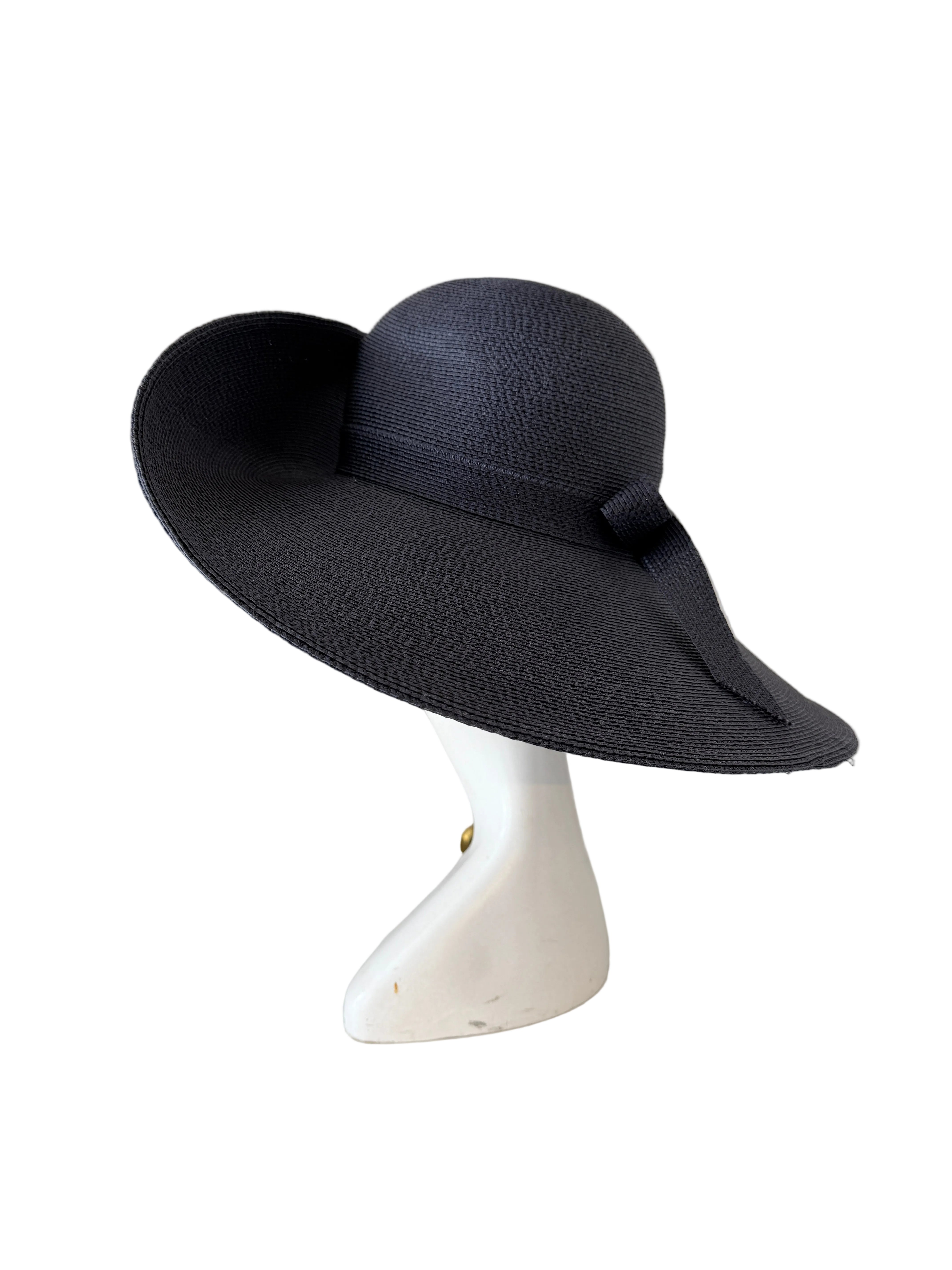 1980s Frank Olive Navy Straw Wide Brim Sun Hat with Bow Band (Private Collection)