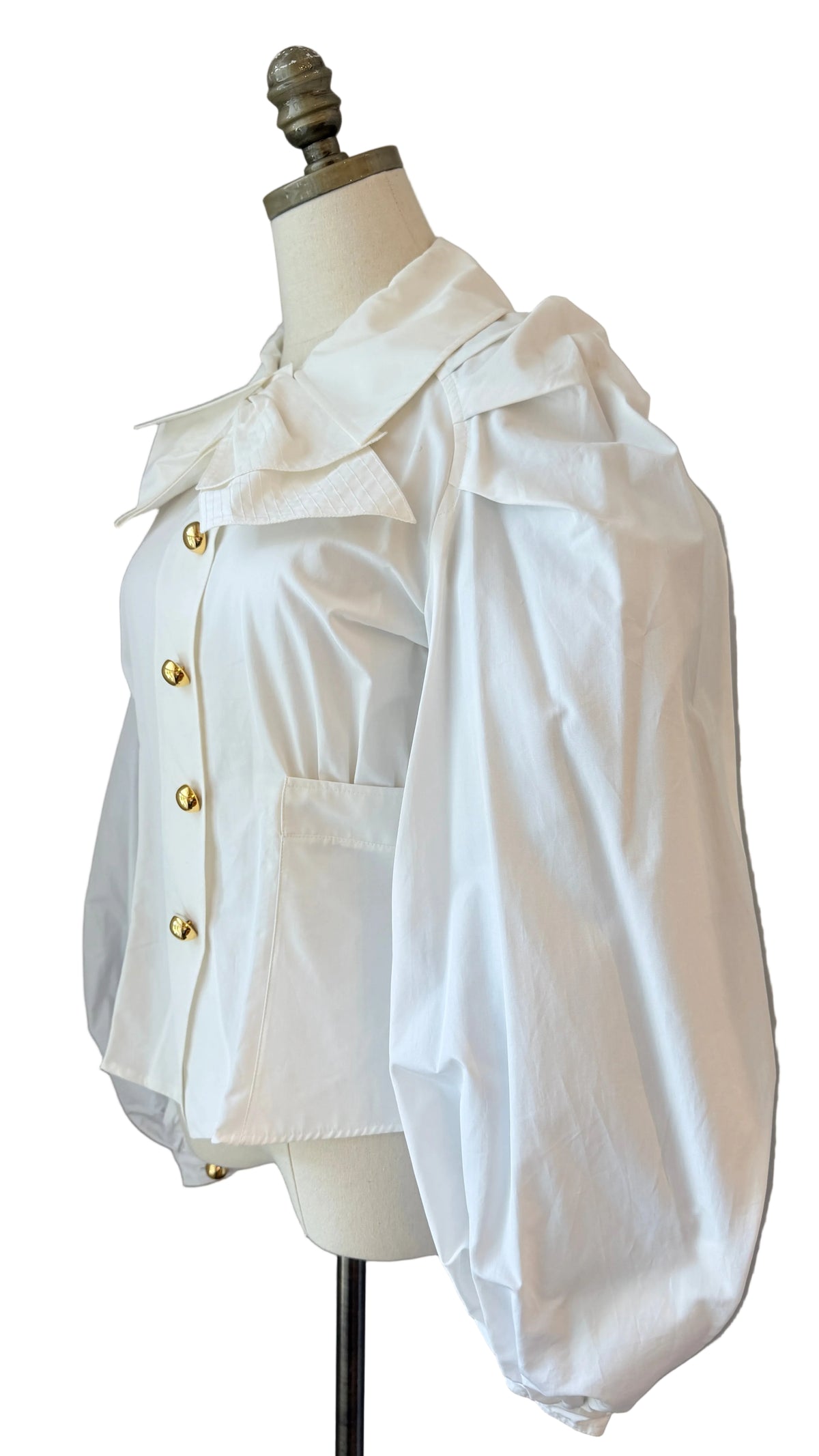1990s Christian Lacroix White Poplin Balloon-Sleeve Blouse with Oversized Bow & Gold Ball Buttons
