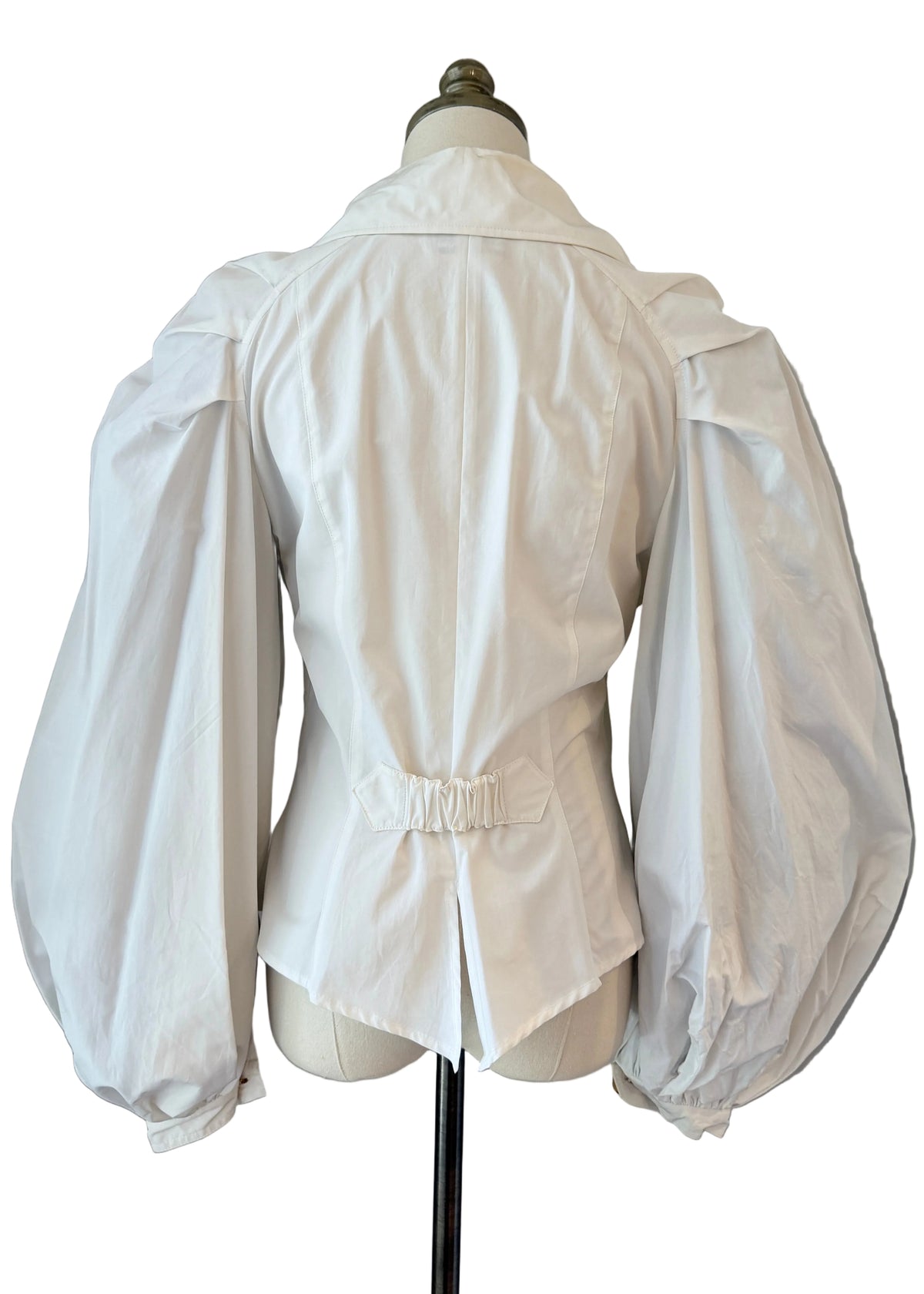 1990s Christian Lacroix White Poplin Balloon-Sleeve Blouse with Oversized Bow & Gold Ball Buttons