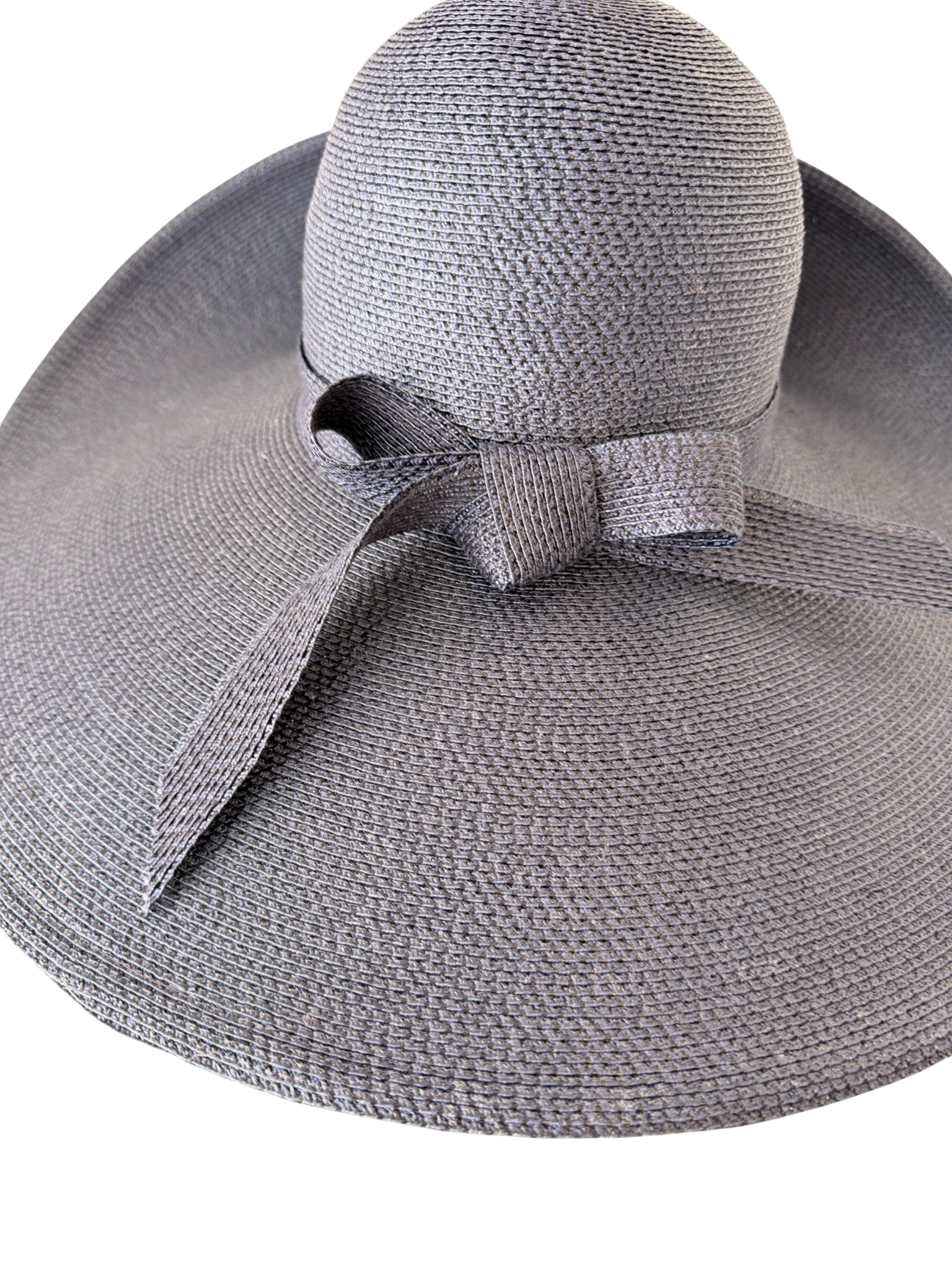 1980s Frank Olive Navy Straw Wide Brim Sun Hat with Bow Band (Private Collection)