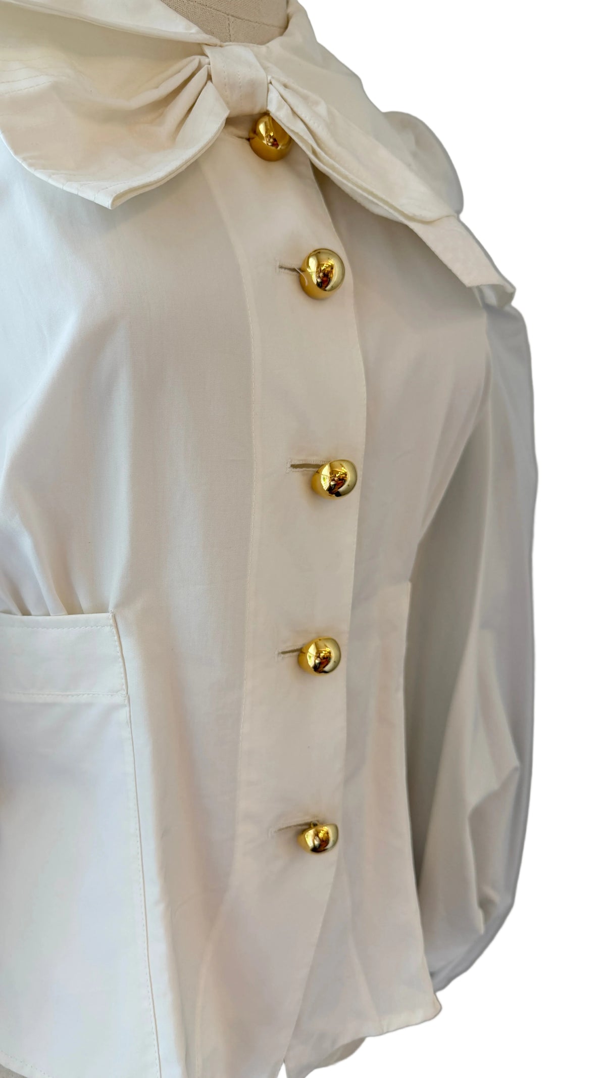 1990s Christian Lacroix White Poplin Balloon-Sleeve Blouse with Oversized Bow & Gold Ball Buttons