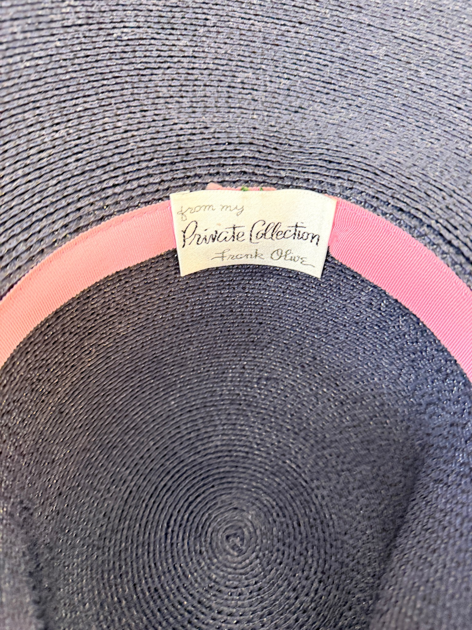 1980s Frank Olive Navy Straw Wide Brim Sun Hat with Bow Band (Private Collection)