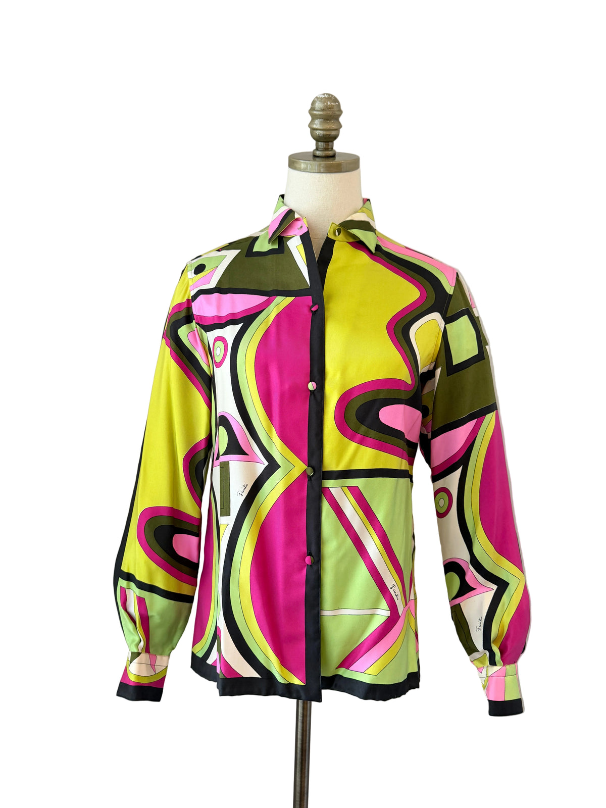 1960s Emilio Pucci for Saks Fifth Avenue Italian Silk Geometric Print Button-Front Blouse